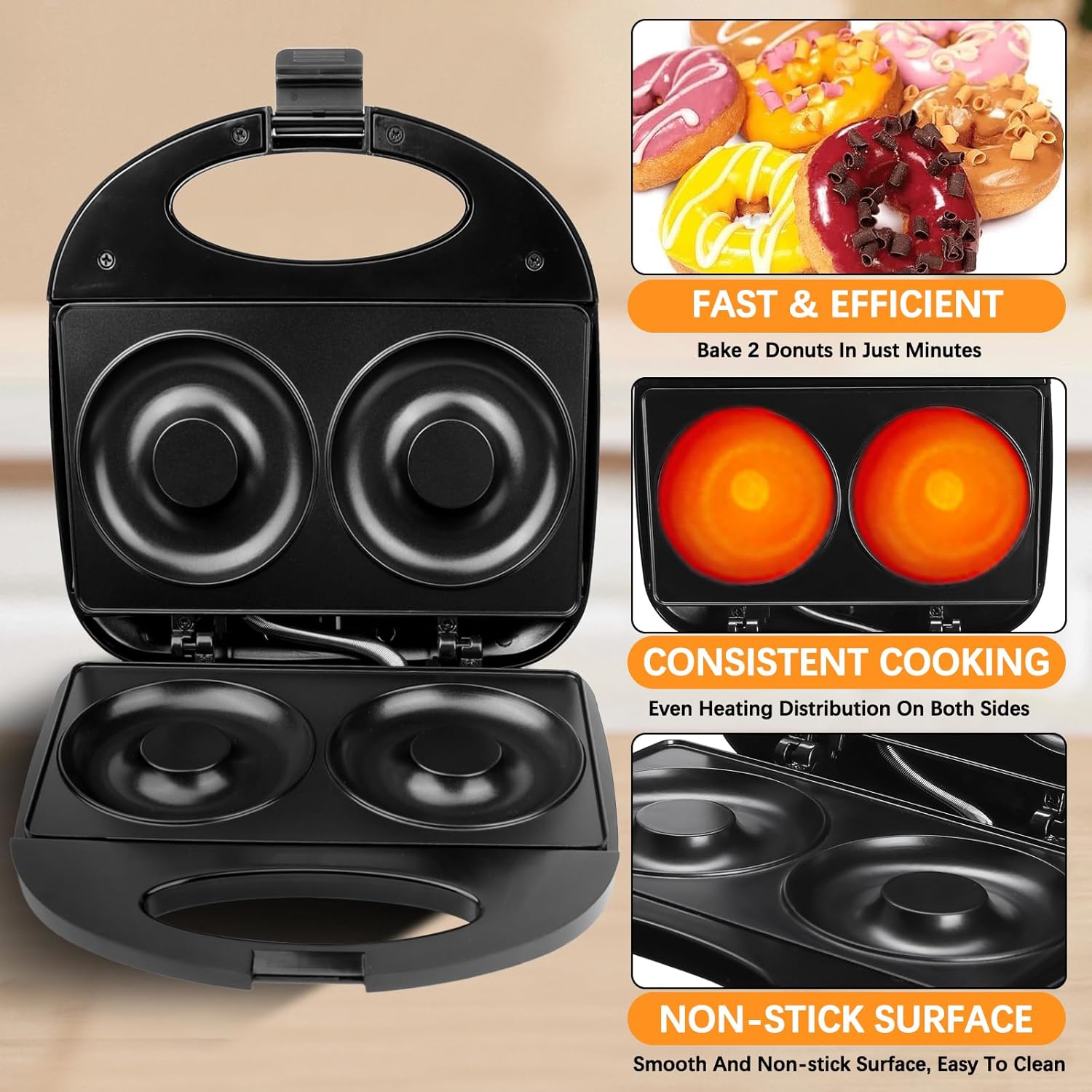 Donut Maker,Doughnut Machine,Bake 2 Donuts,Double-sided heating, Non-stick Surface, Perfect for Breakfast,for Commercial or Family Use,Easy to Clean