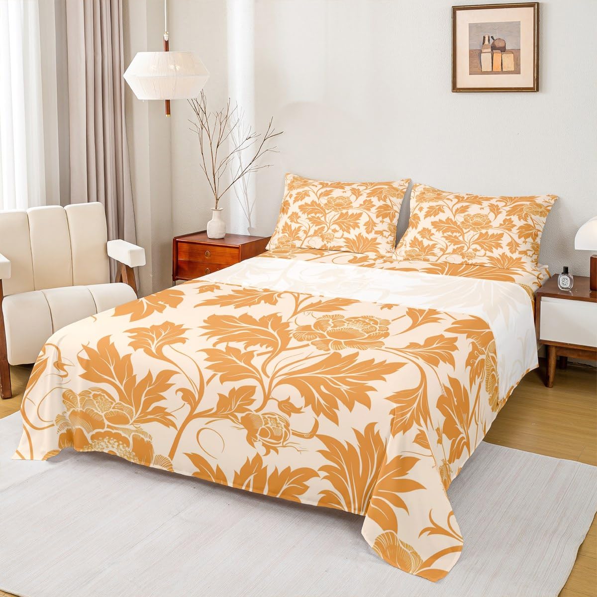 jejeloiu Groovy Flower 3 Pieces Sheet with 16 Inch Deep Pockets Twin Size Retro Floral Bedding Orange Bed Sheets Set for Boys Girls Teens