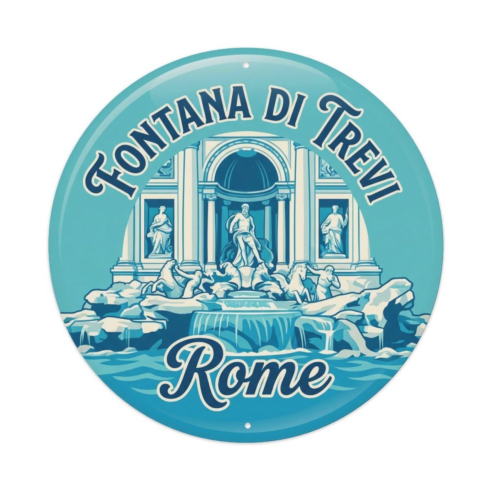 Vintage Travel Trevi Fountain Roma 1 Metal Tin Sign Plaque Wall Decor for Cafe, Club, Garden Round Metal Poster 8x8Inch