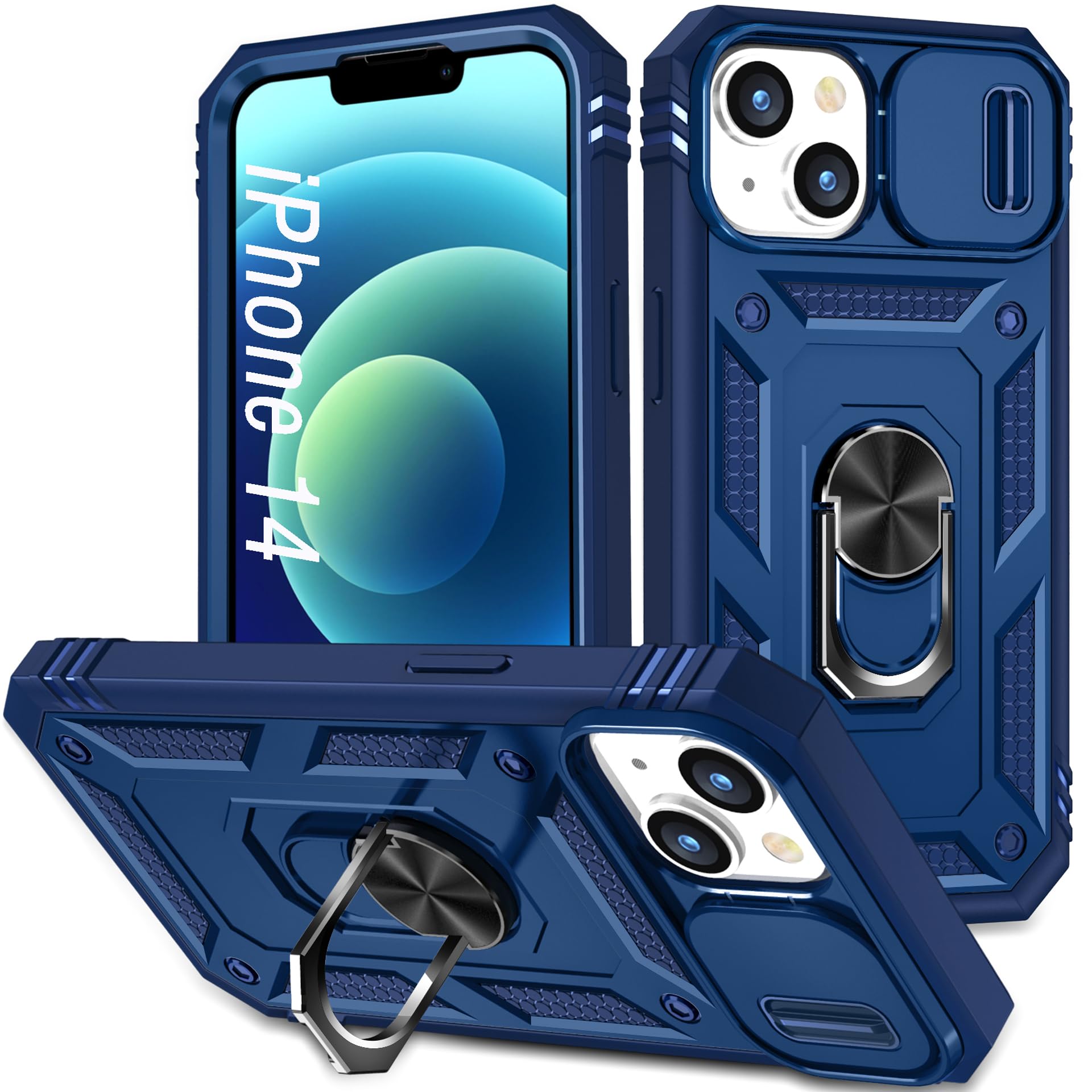 Coque antichoc iPhone 14 avec cache objectif coulissant bleu