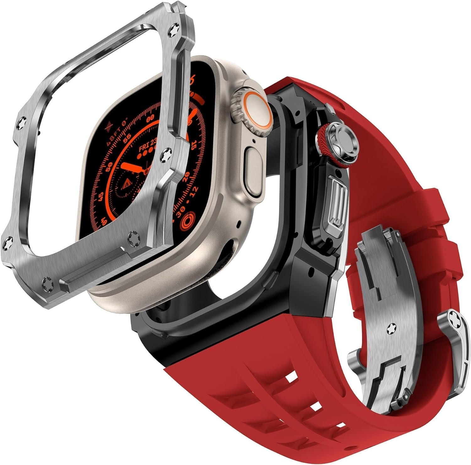 RM Style Stainless Steel Watch Case+Rubber Watch Band Mod Kit，For Apple Watch Ultra 8 49MM DIY Modification Sport Rubber Replacement Watch Bracelet Mod Kit Accessories