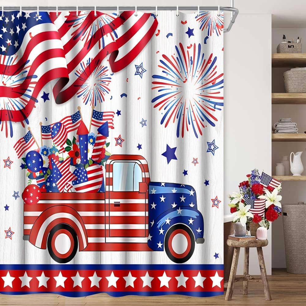 4th of July Shower Curtain Patriotic Shower Curtains American Flag Red Truck Independence Day Bath Curtain 72 "x72 Memories Day USA Country Rustic Bathroom Curtain Decor with 12 Hooks