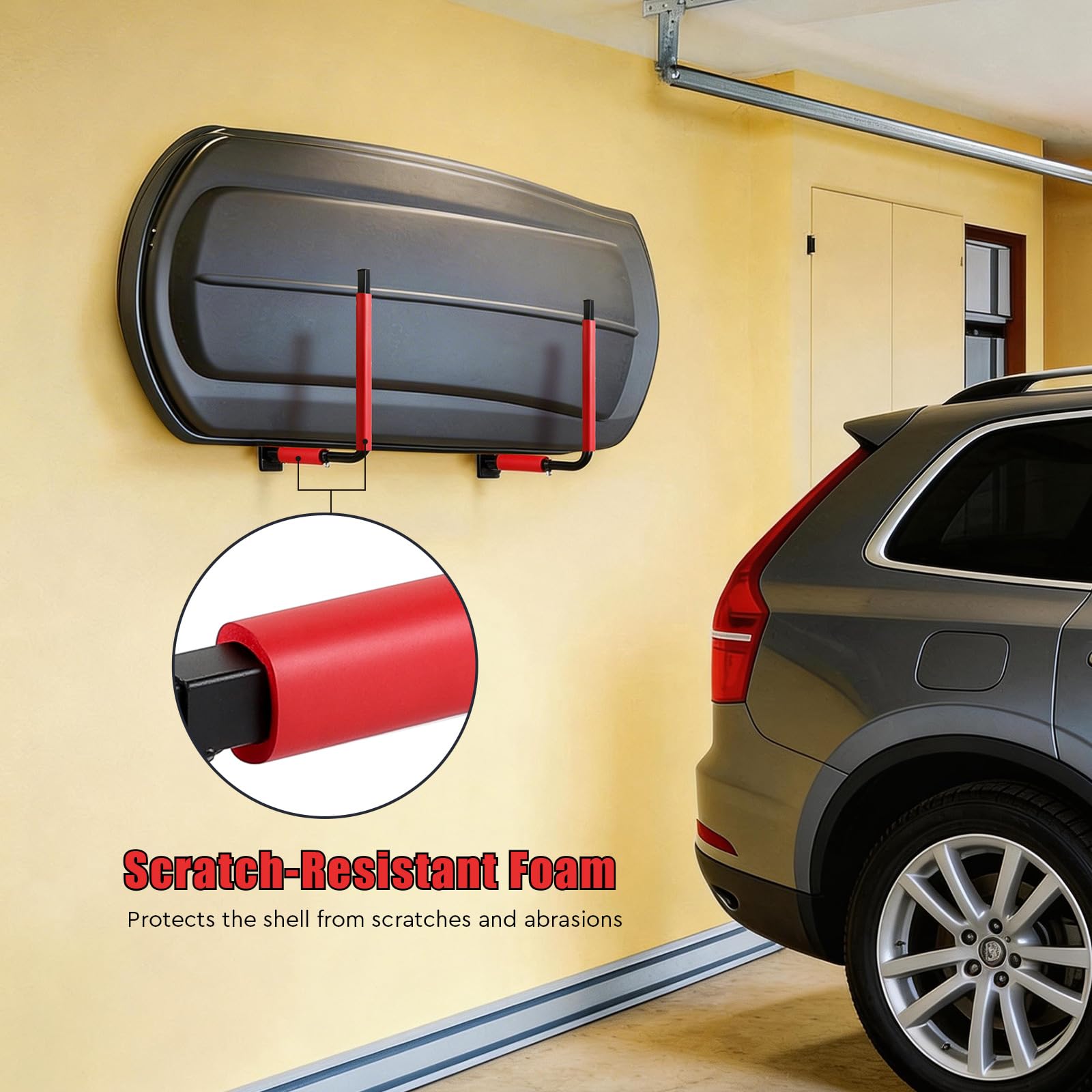 SWAWIS 1 Coppia Supporti da Parete per Box Tetto in Acciaio, con Schiuma Anti-Graffio, Regolabile 33-57 cm, Portata Massima 50 kg, per Riporre Tavole da Surf, Paddle, Utensili da Giardino(Rosso)