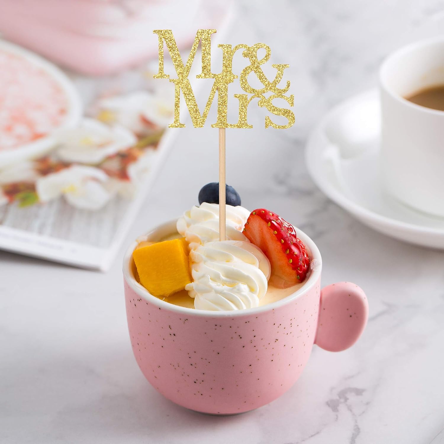 24 Pack of Mr & Mrs Cupcake Picks Gold Glitter Wedding Cucpake Toppers Bridal Baby Shower Party Supplies