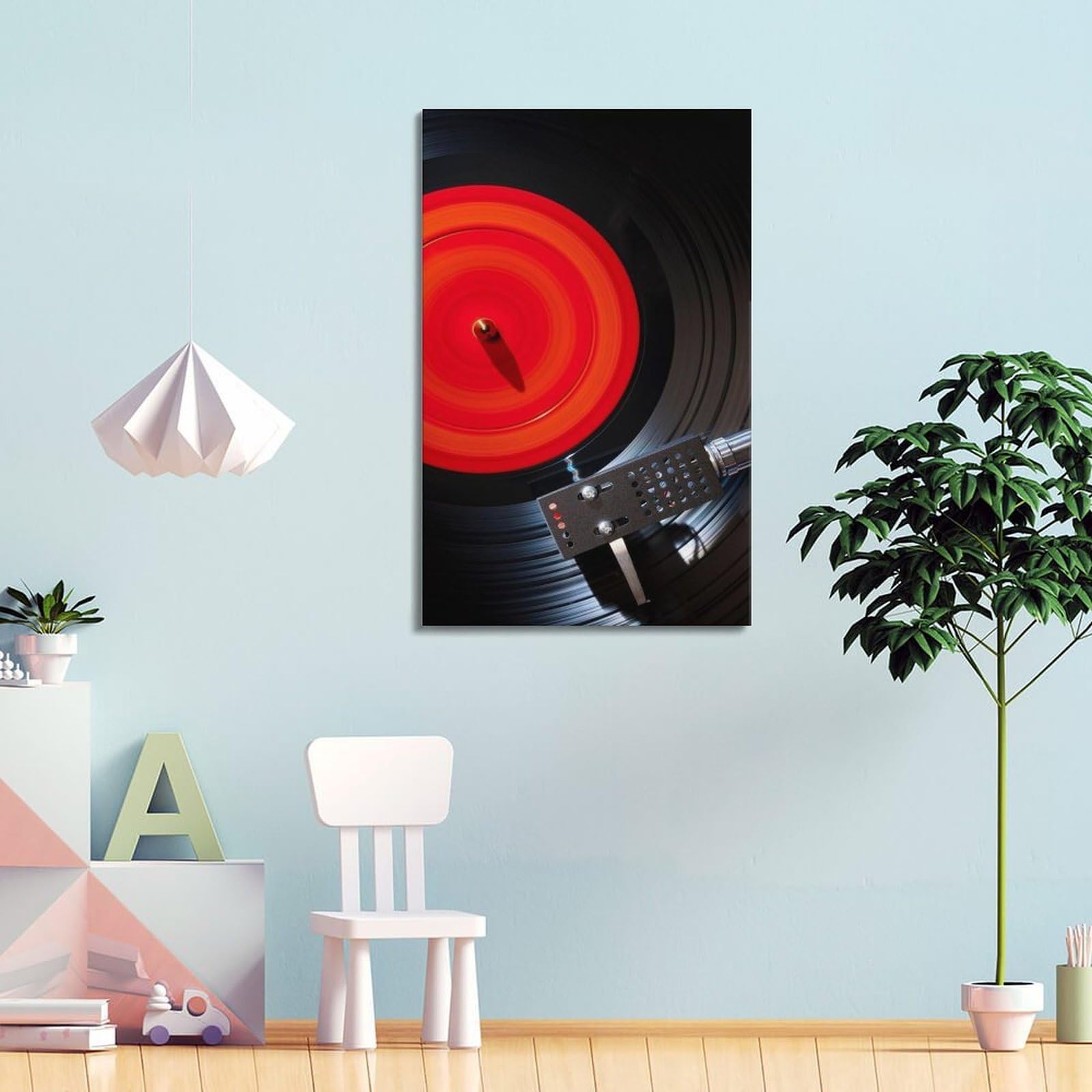 Gramofon z czerwoną i czarną płytą winylową sztuka ścienna, dynamiczna muzyka retro dekoracja do domu i salonu plakat dekoracyjny obraz na płótnie plakaty ścienne i artystyczny obraz druk nowoczesny