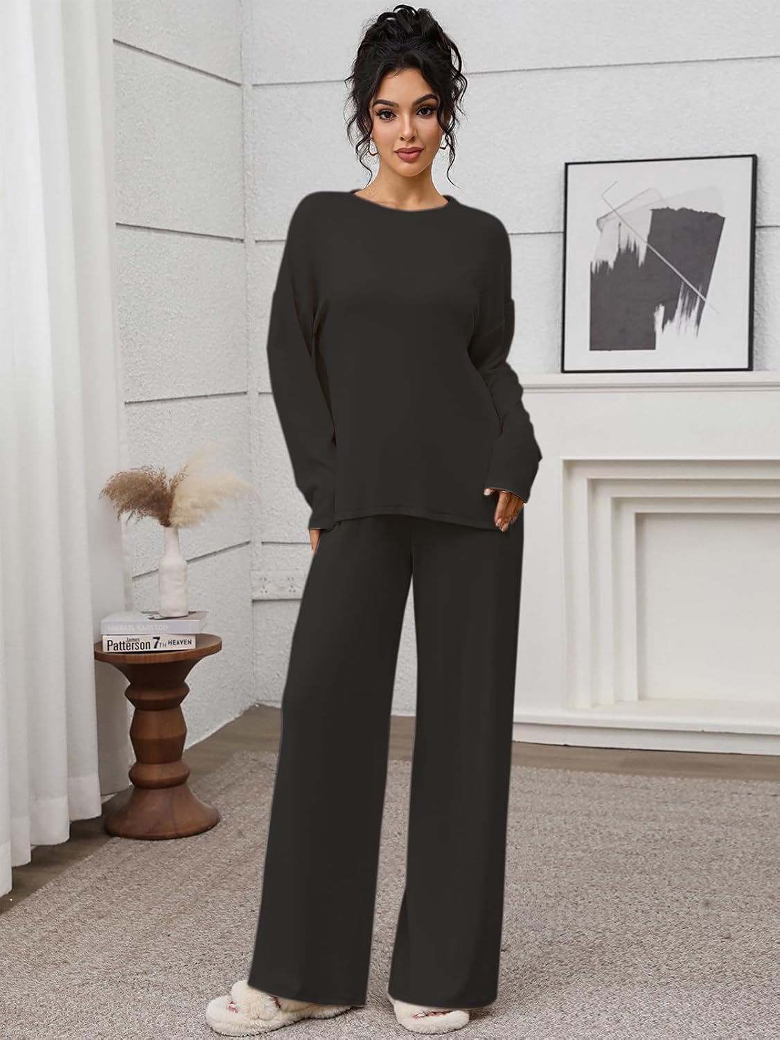 Zevi Womens 2 Piece Outfits Casual Loose Long Sleeve Pullover Tops & Wide Leg Pants Soft Basic Lounge Sets Tracksuit - Image 2