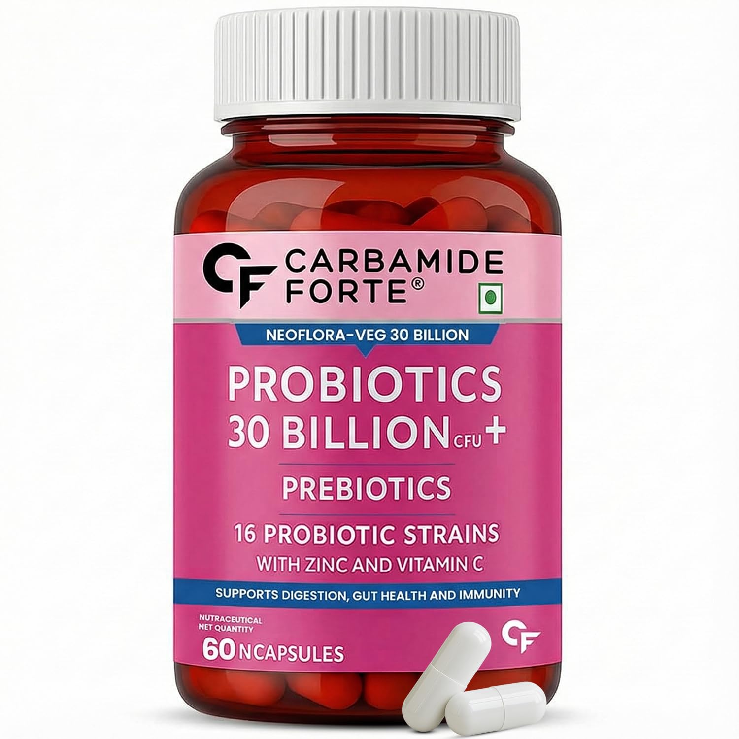 Carbamide Forte 30 Billion Probiotics Supplement | Gut Cleanse Detox | Gut Health Supplement with Prebiotics and Probiotics | Lactobacillus Reuteri 60 Veg Capsules for Men & Women