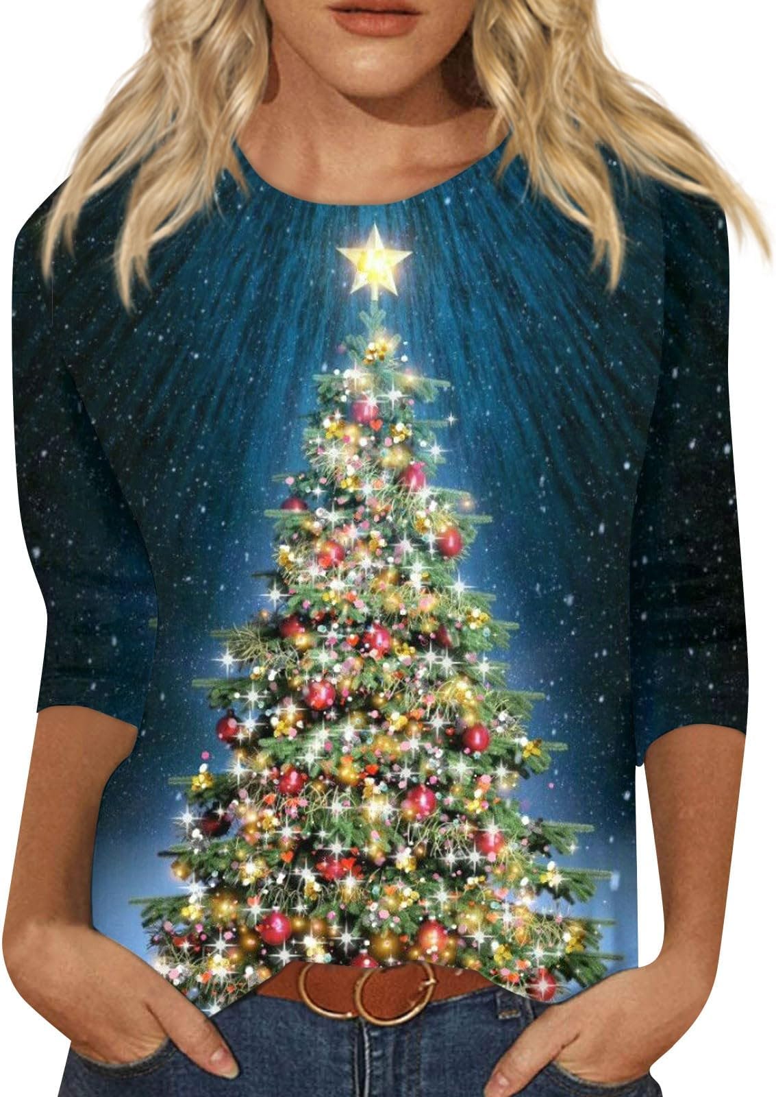 GenericChristmas Tops for Women UK Novelty 3/4 Sleeve Shirts Casual Pullover Loose Christmas Tree Snowflake Elk Print Sweatshirt Tunic Tops for Work Officce UK Size S-5XL