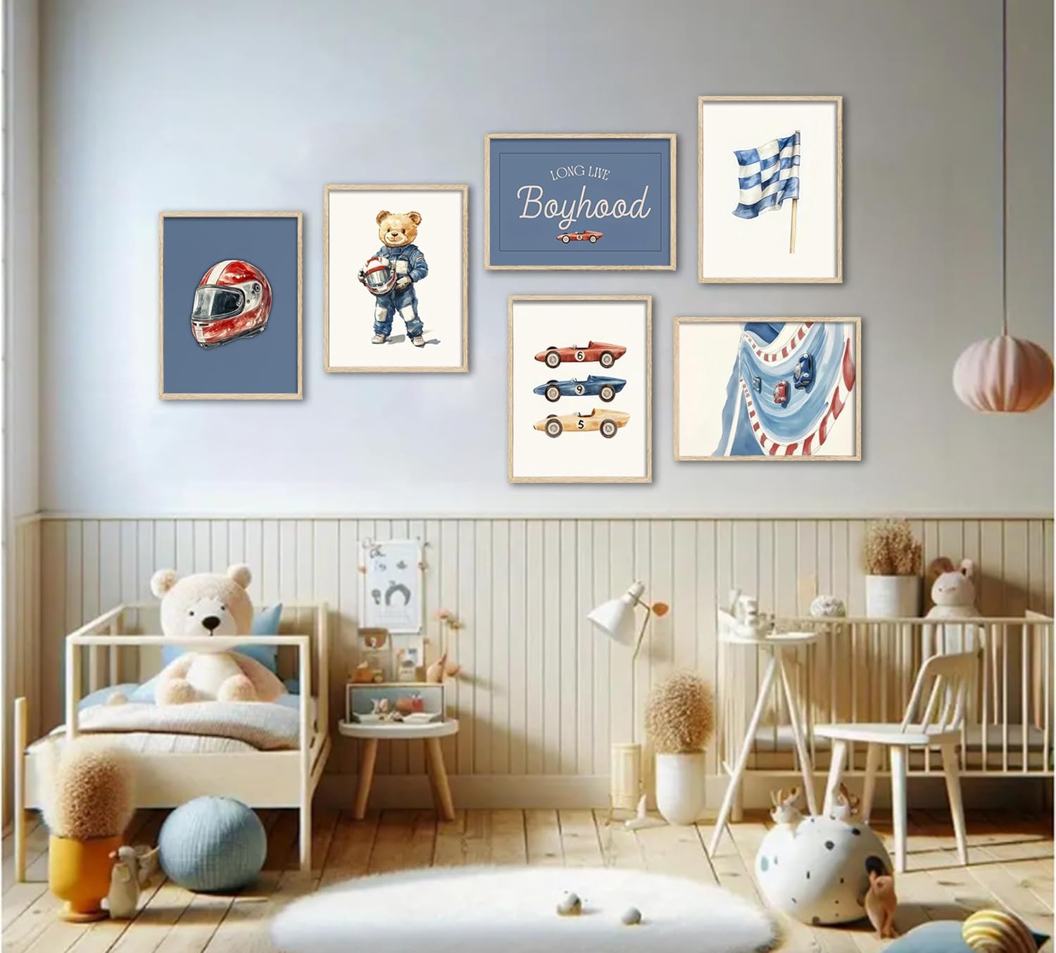 Set of 6 Nursery Race Car Wall Art Vintage Boys Room Wall Decor Navy Blue Vehicle Pictures Teddy Bear Poster Prints Racing Car Art for Boys Bedroom Playroom Home Decoration 12x16Inch Unframed