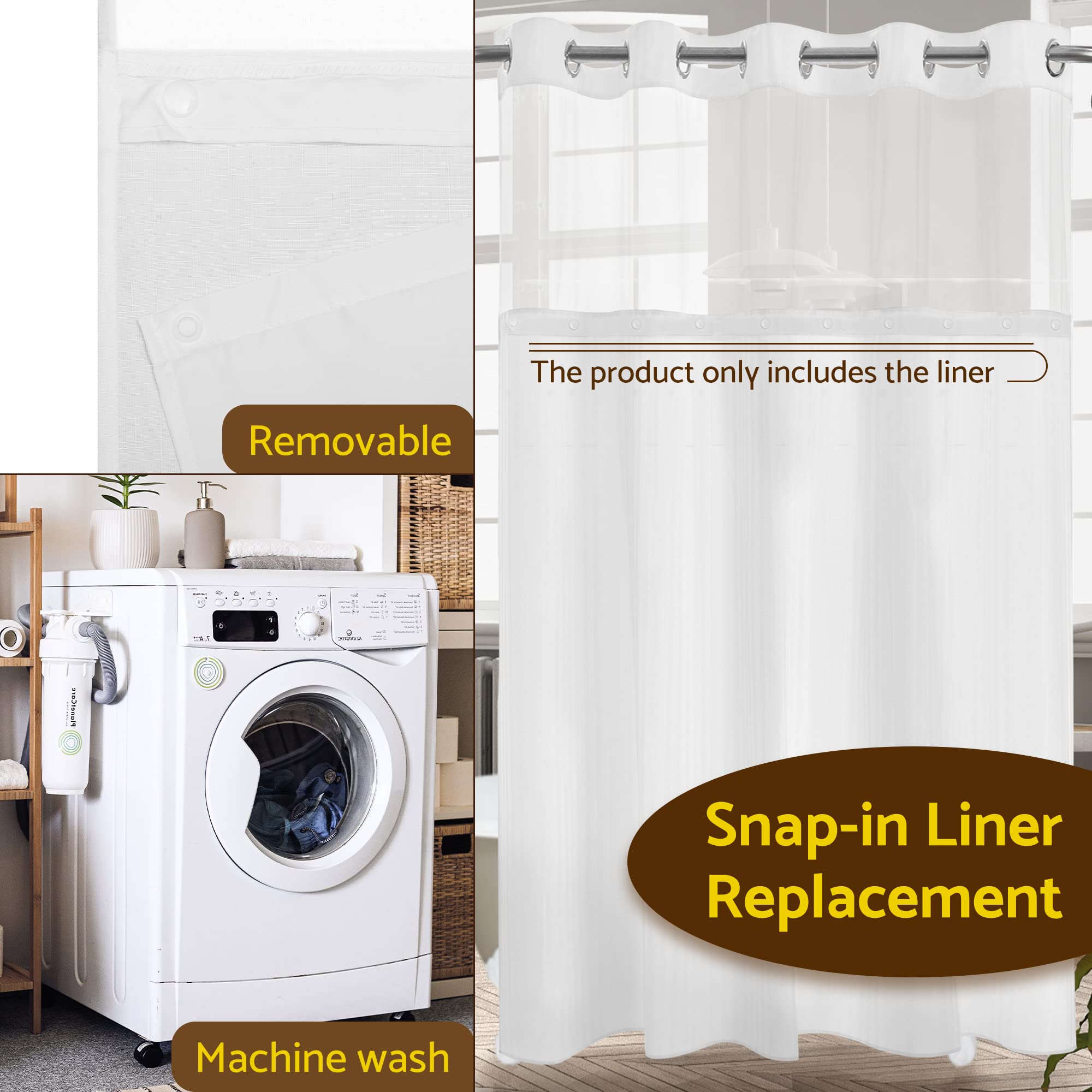 Fabric Snap-in Shower Curtain Liner Replacement 70" x 54" - Compatible with Hookless Shower Curtain with Snap in Liner Hotel Style, Removable & Machine Washable, Water-Repellent - White, 70x54
