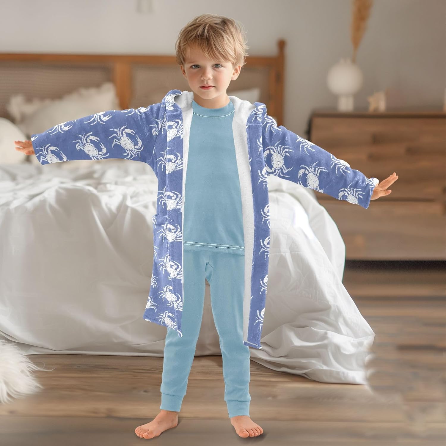 Blue White Crab Pattern Toddler Hooded Bathrobe for Boys Girls Soft Plush Bath Towel Robe 2-12 Years