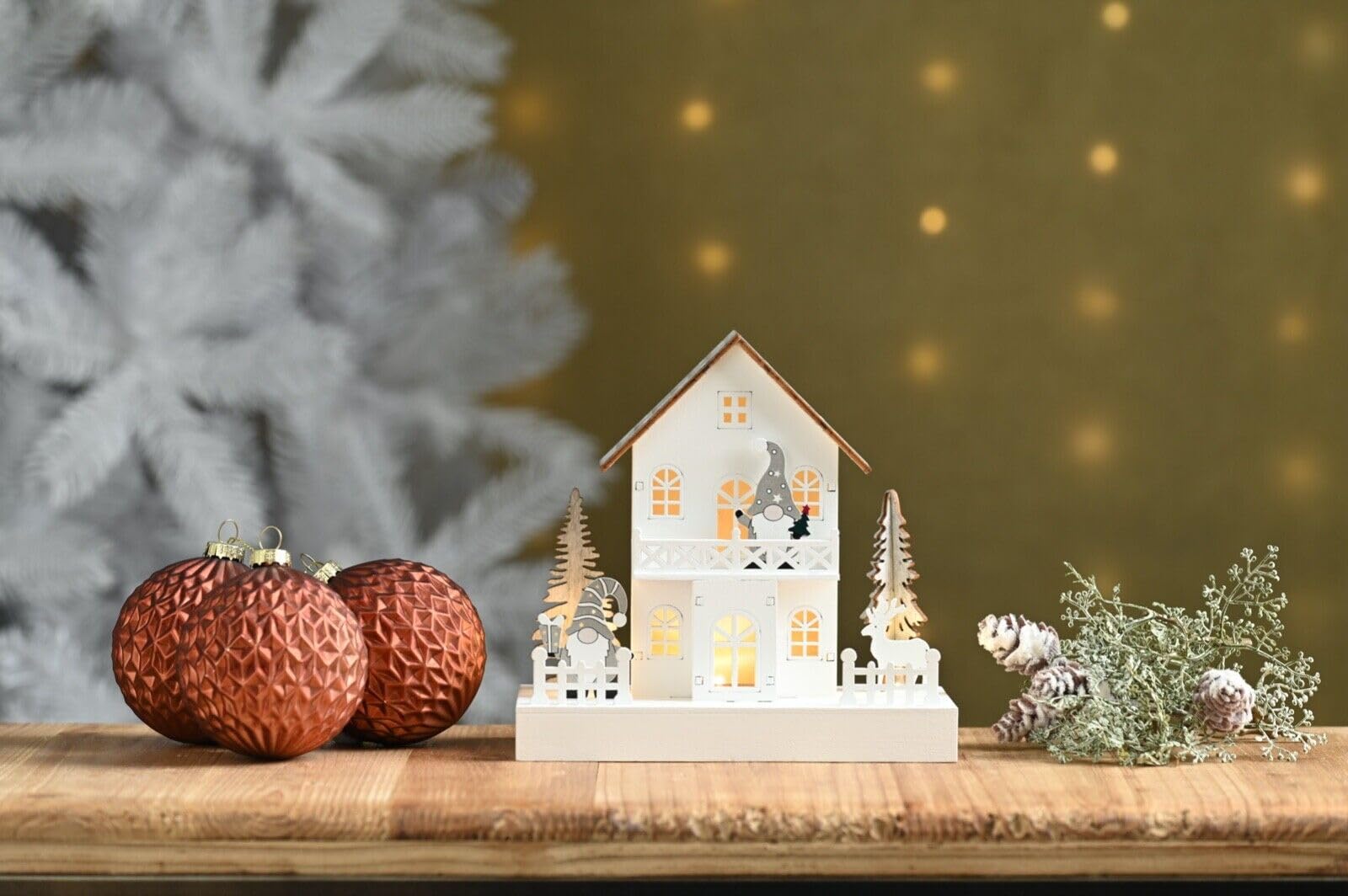 Christmas Festive LED Light Up Wooden Gonk House 18cm Long Trees & Reindeer
