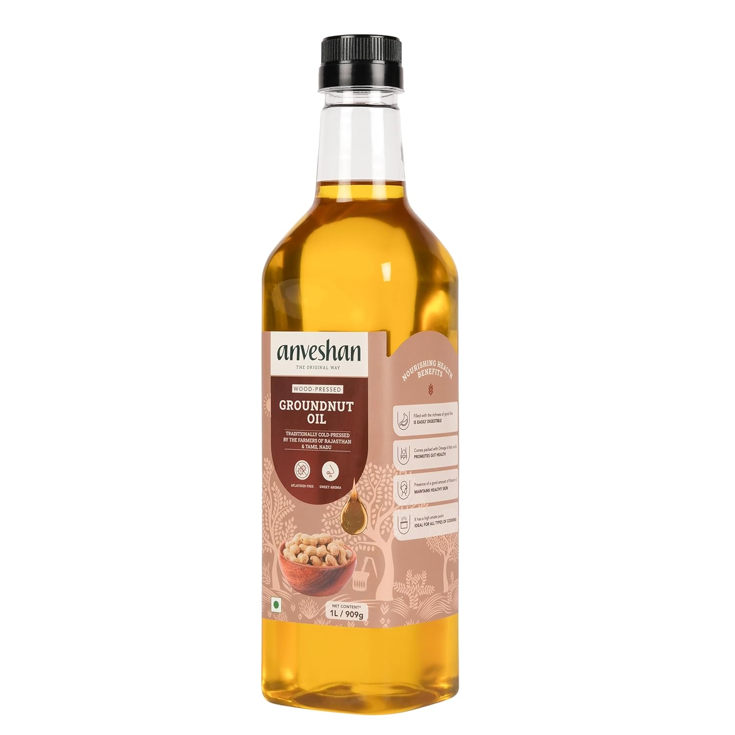 Anveshan Wood Pressed Groundnut Oil - Cold Pressed Virgin Peanut Oil, 100% Pure Non-GMO, 1L (33oz) for Cooking & Deep Frying