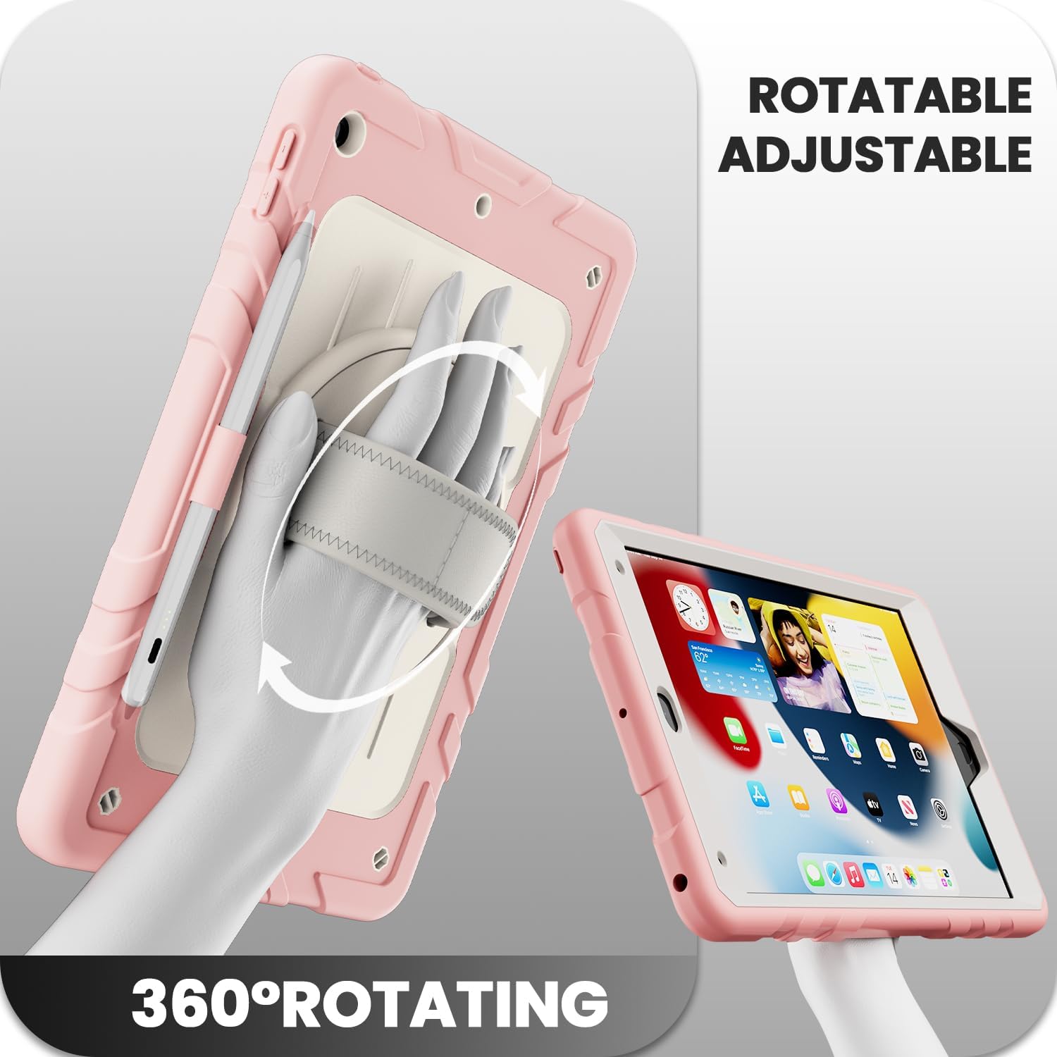 Case for iPad 9th/ 8th/ 7th Generation 10.2'', Case for iPad 10.2 inch with Hand/Shoulder Strap, Pencil Holder, Include Stylus Pen for iPad(Fast Charge Apple iPad Pencil) (Pink/White)