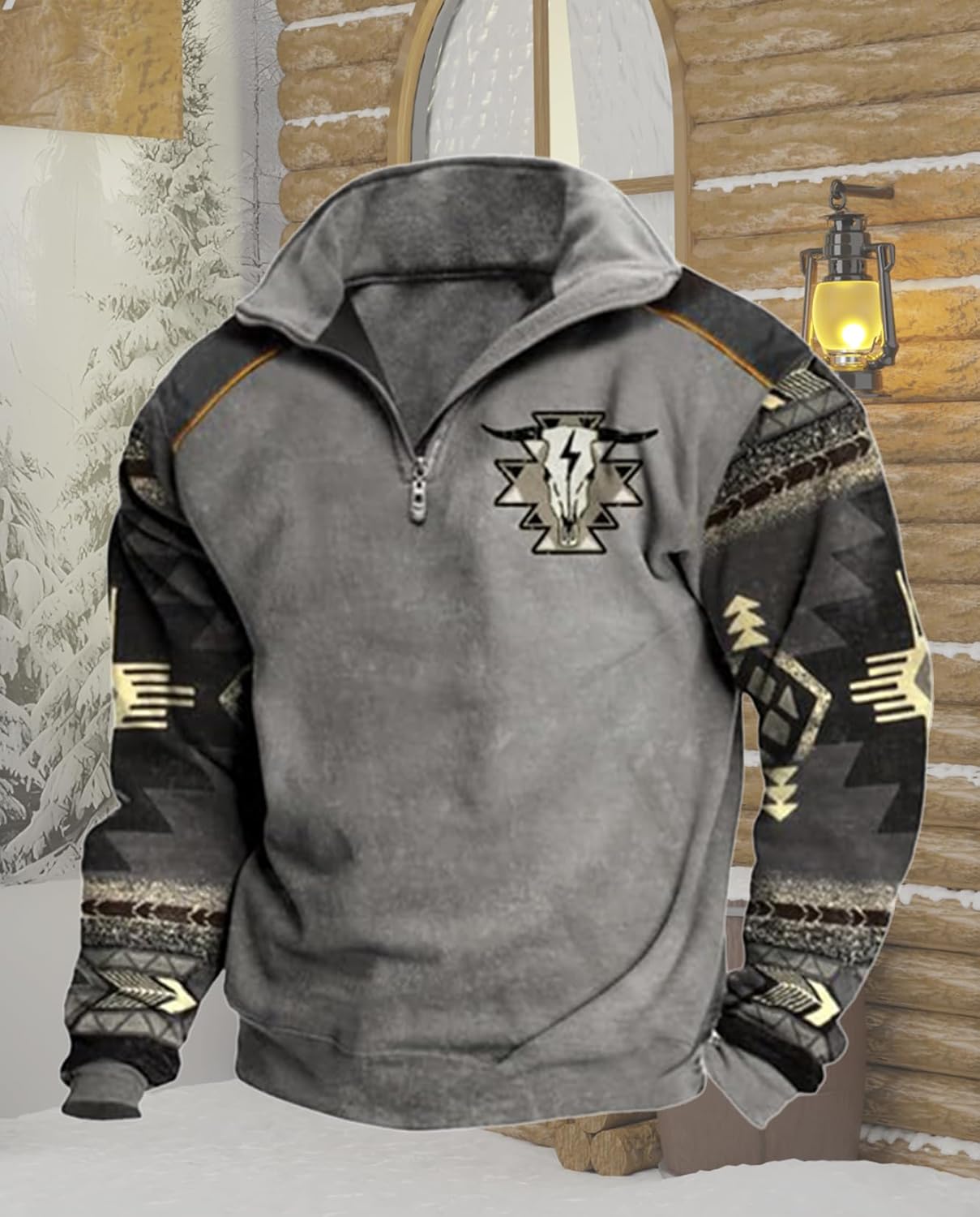 Western Sweatshirts for Men Aztec Ethnic Print Quarter Zip Pullover Fleece Hoodies Casual Stand Collar Sweatshirt - Image 6