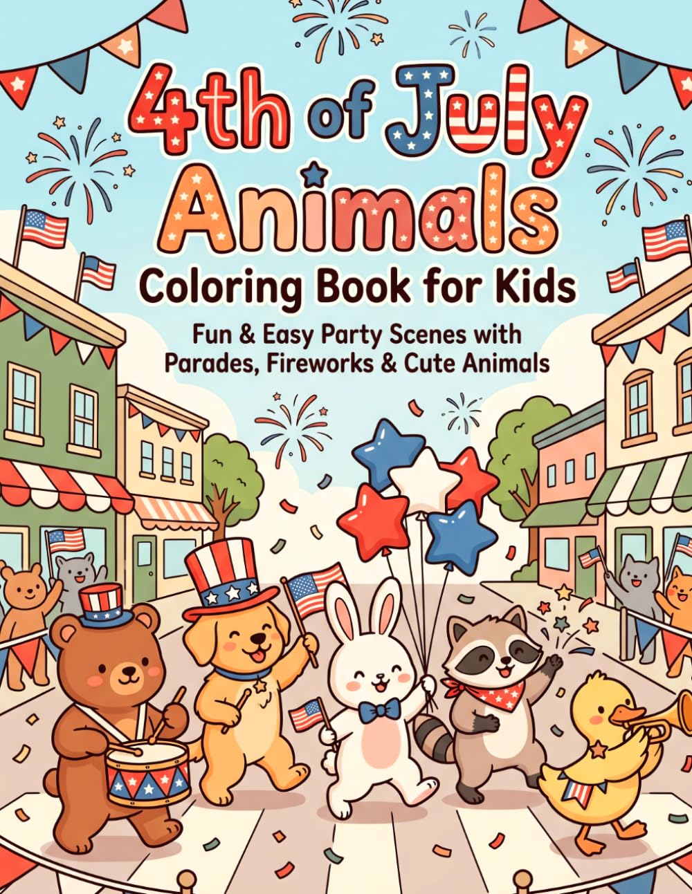 4th of July Animals Coloring Book for Kids: Fun and Easy Coloring Pages with Parades, Fireworks, BBQs, and Cute Patriotic Animal Celebrations for Kids Ages 4–8