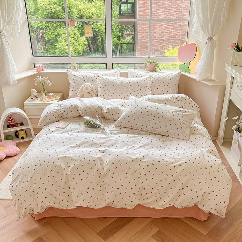 LIWHENHAO Cherry Duvet Cover Set Twin 100% Cotton Bedding Cartoon Red Cherries on White 1 Kawaii Cute Fruit Comforter Cover Zipper Closure 2 Pillowcases for Kids Girls Boys