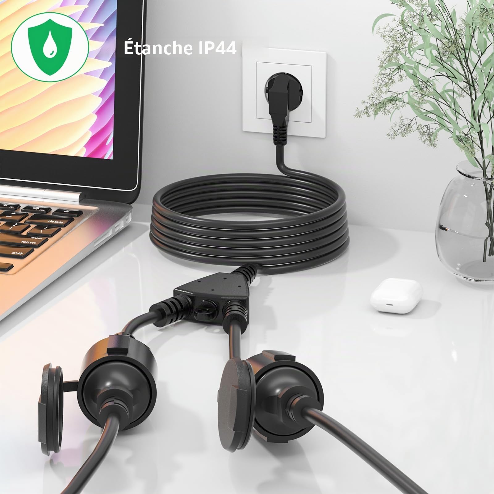 Rallonge Schuko,Câble d'extension 5M pour l'extérieur avec Contact de Protection,1 à 2 Contacts de Protection Extensibles,IP44 Rallonge avec 2 Prises de Courant,16A/250V (5M)