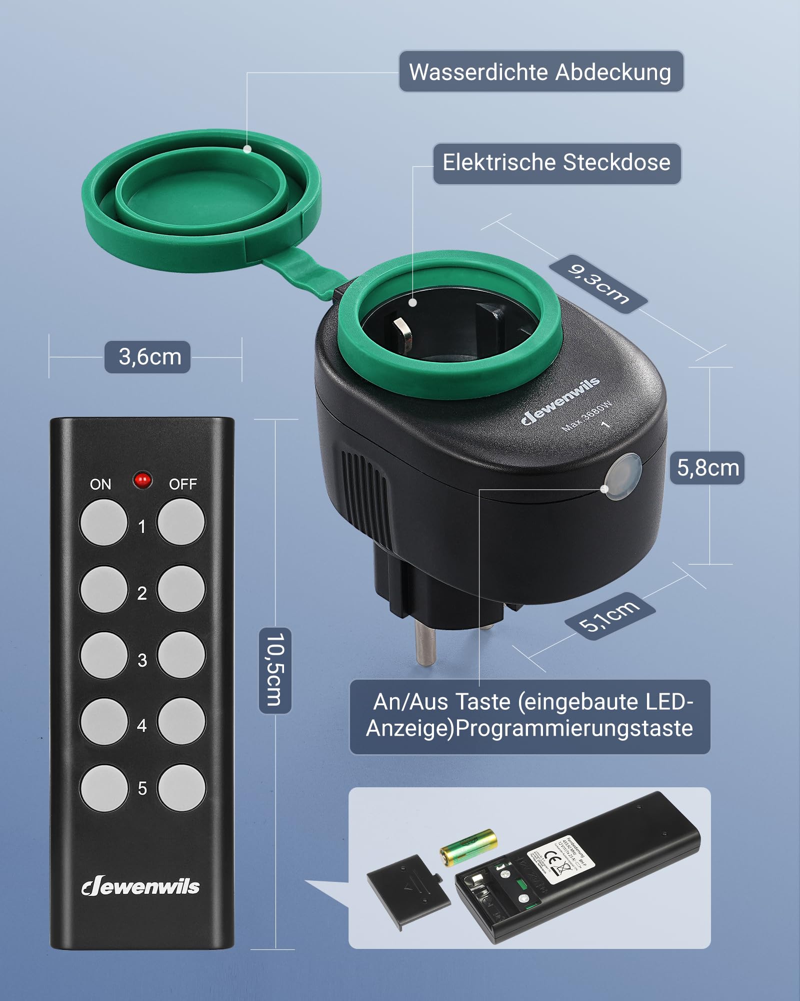 DEWENWILS Funksteckdosen mit Fernbedienung Aussen, 16A 3680W Programmierbare Steckdosen, IP44, 5er Funkstecker für Feiertagsdeko, 30 M Reichweite, Schwarz