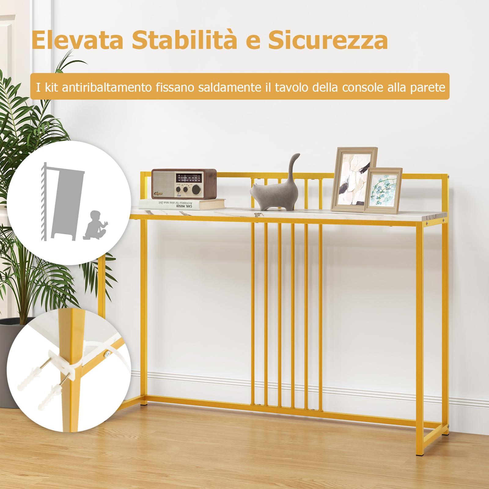 RELAX4LIFE Tavolo Consolle 120x32x89CM, Tavolo da Ingresso con Piano in Finto Marmo, Struttura in Metallo, Kit Antiribaltamento, Tavolino Moderno per Ingresso, Soggiorno, Camera da Letto (MODELLO 2)