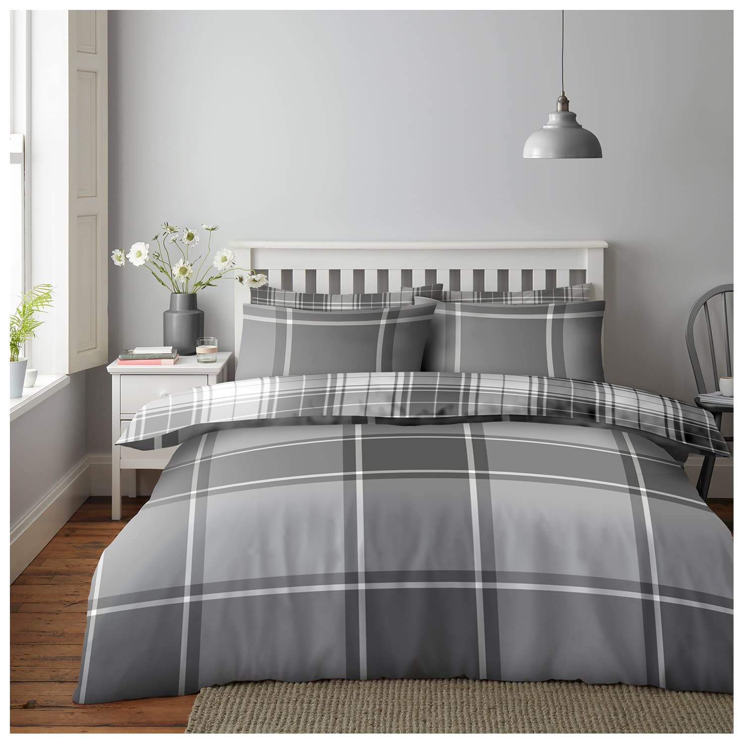 GC GAVENO CAVAILIA Checkered Bedding Set, Printed Tartan Duvet Covers Single, Reversible Bedcover Printed Check Quilt Covers, Grey