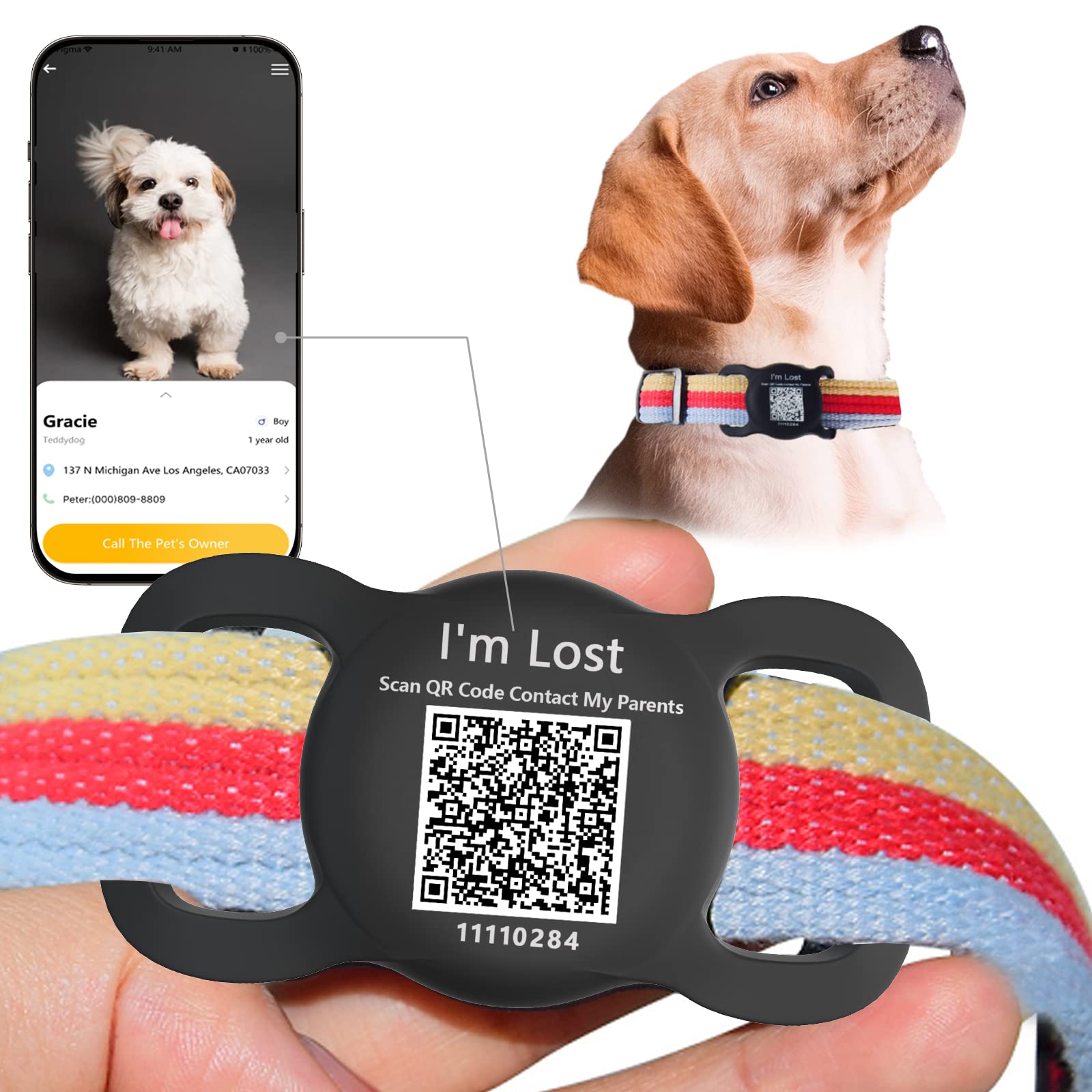 Dog Airtag Holder with QR Code Pet ID Tags,Airtag Dog Collar Holder Dog Tags Personalized Pet Online Profile for Pet Collar,Cat Dog Collar Airtag Holder Cat Dog Name Tag for Pets (Black)