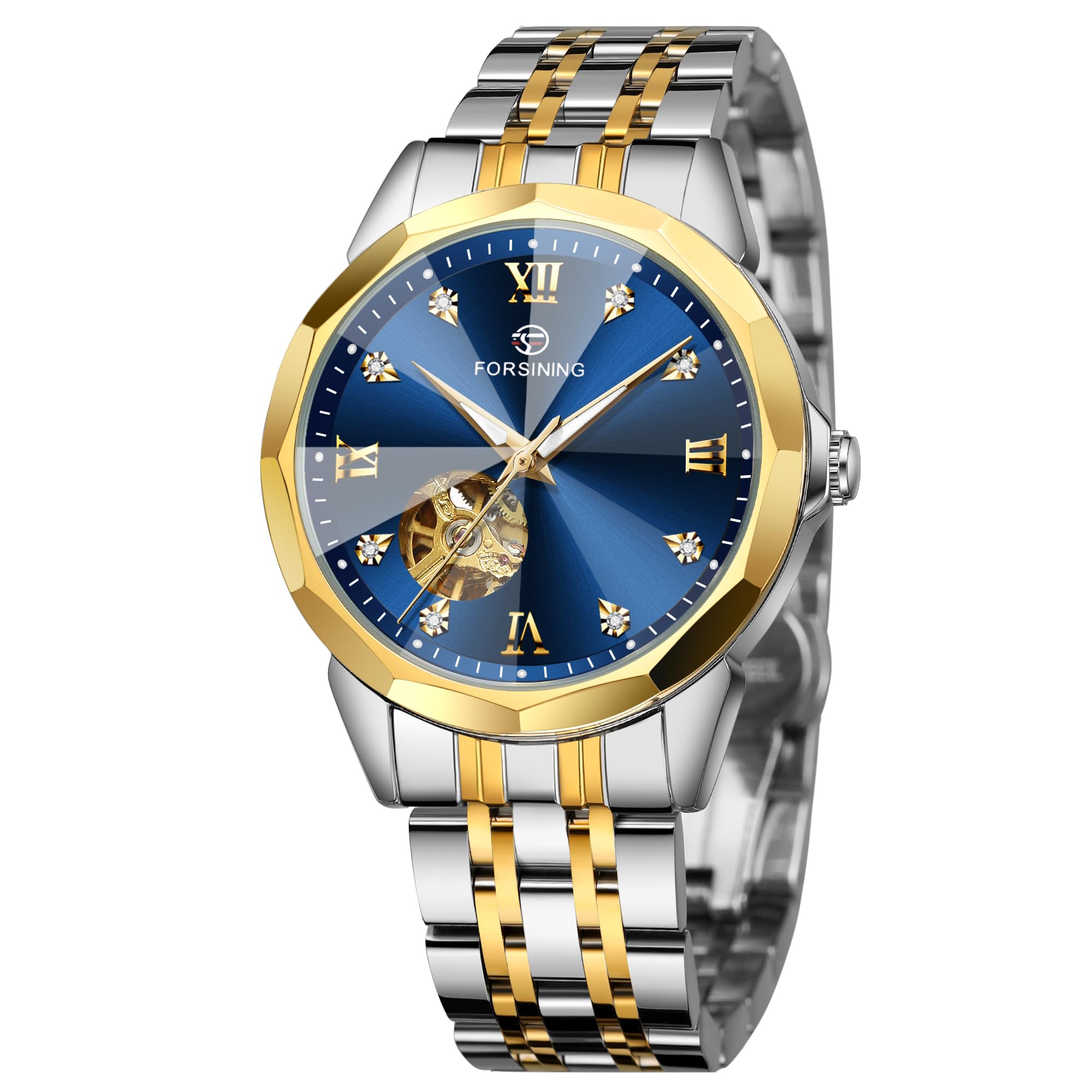 FORSININGLuxury Diamond Cut Design Case Automatic Mechanical Watch Fashion Diamond Studded Dial Skeleton Watch Tourbillon Casual Men Watch Date Day Ceremonial Dress Watch for Men