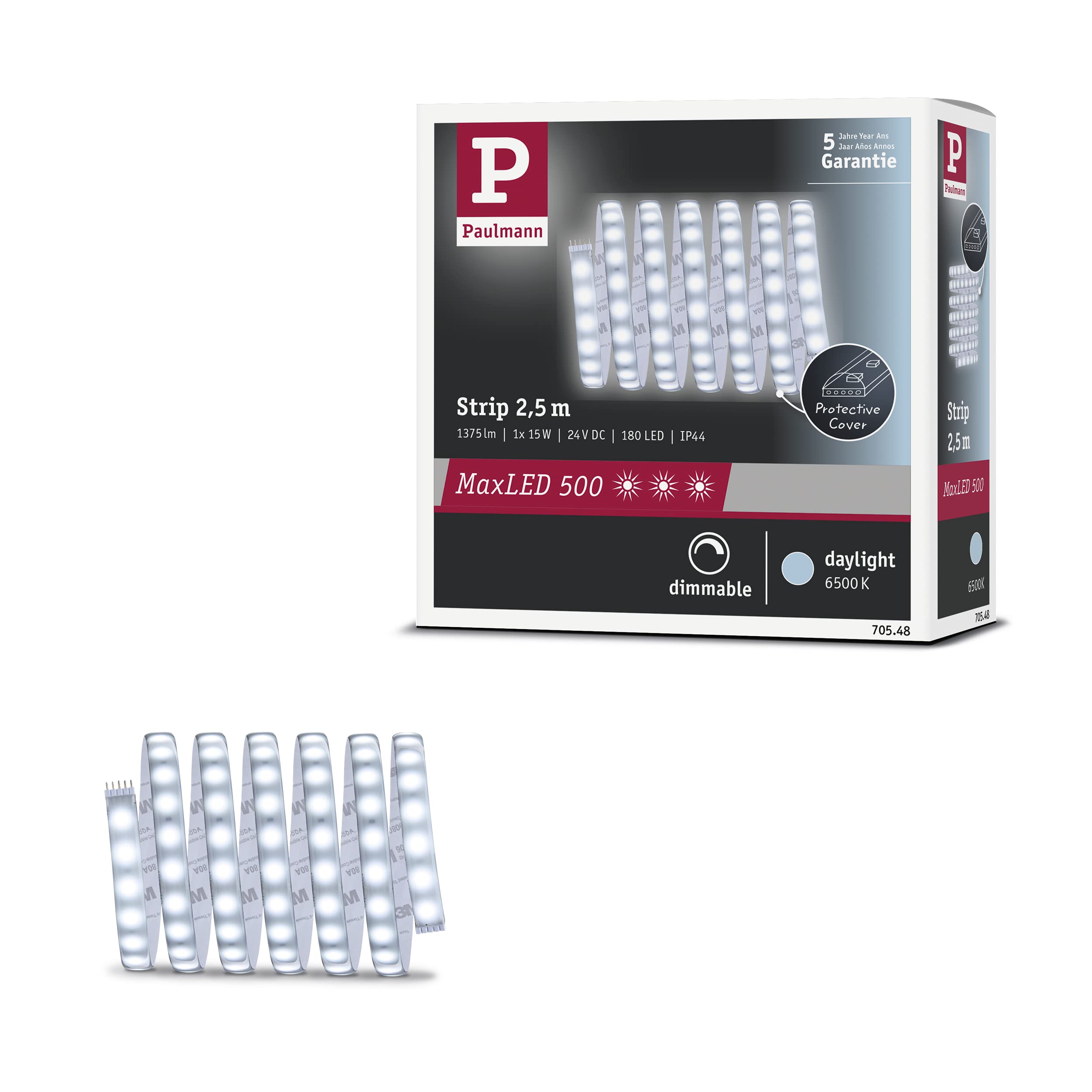 Paulmann 70548 tira de LED MaxLED 500 2,5m 1375lm IP44 incl. 1x15 W regulable luz diurna blanco plata tira de LED plástico 6500 K