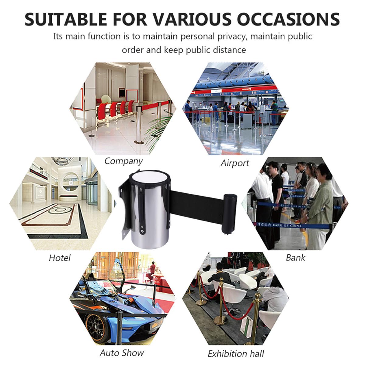 Barrera De Cinta Retráctil De Acero Inoxidable para Montaje En Pared: Sistema De Control De Multitudes Duradero con Correa Negra para Gestión De Eventos, Organización De Filas Y So