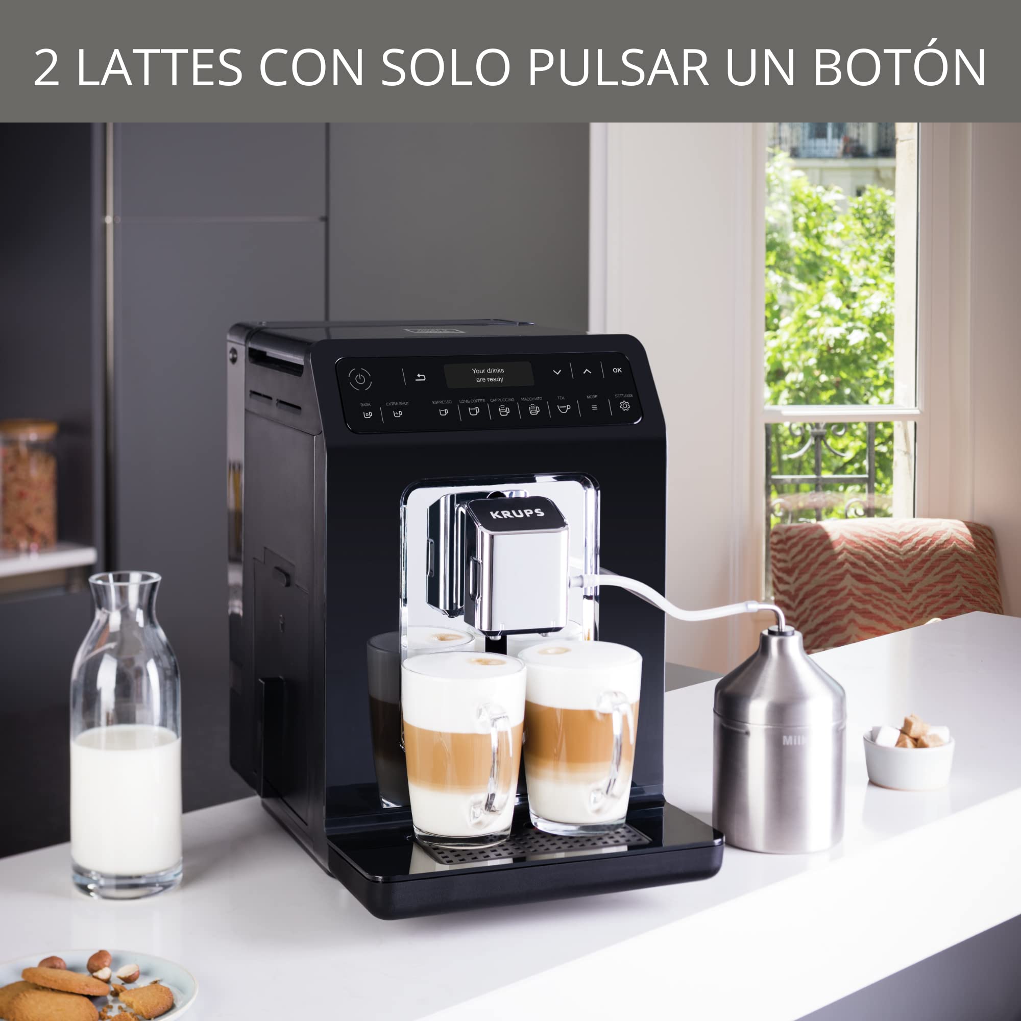 Krups Evidence Espresso EA8908 - Cafetera Superautomática 15 Bares, 15 Preajustes, Niveles de Intensidad, Molido Grano, Autolimpieza e Indicador cal, 2 tazas a la vez, pantalla táctil, recetario