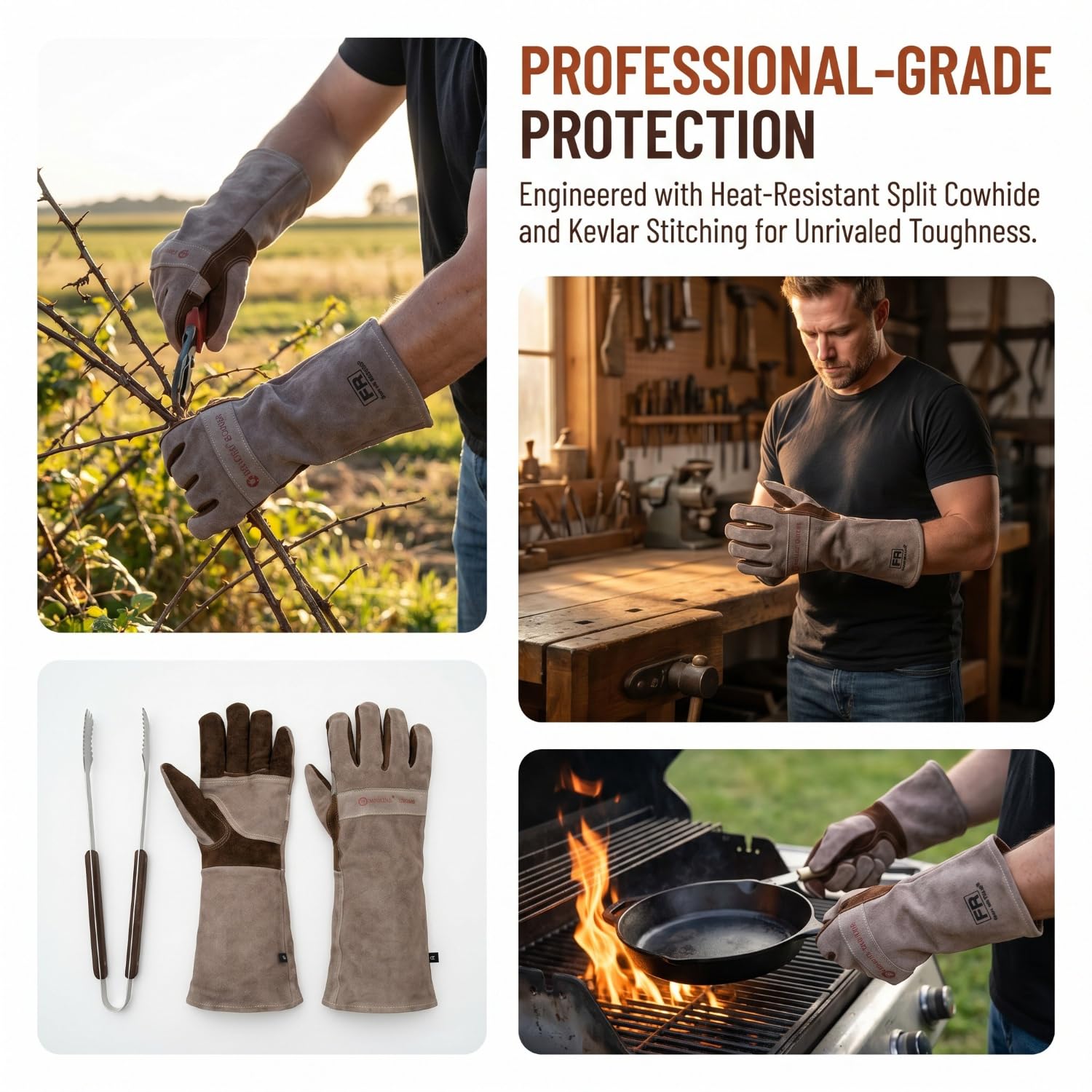 Guantes de soldadura de cuero vacuno para barbacoa, guantes de manga larga ignífugos y resistentes al calor para barbacoa, lucha contra incendios, chimenea, horno, horno, estufa, soporte para