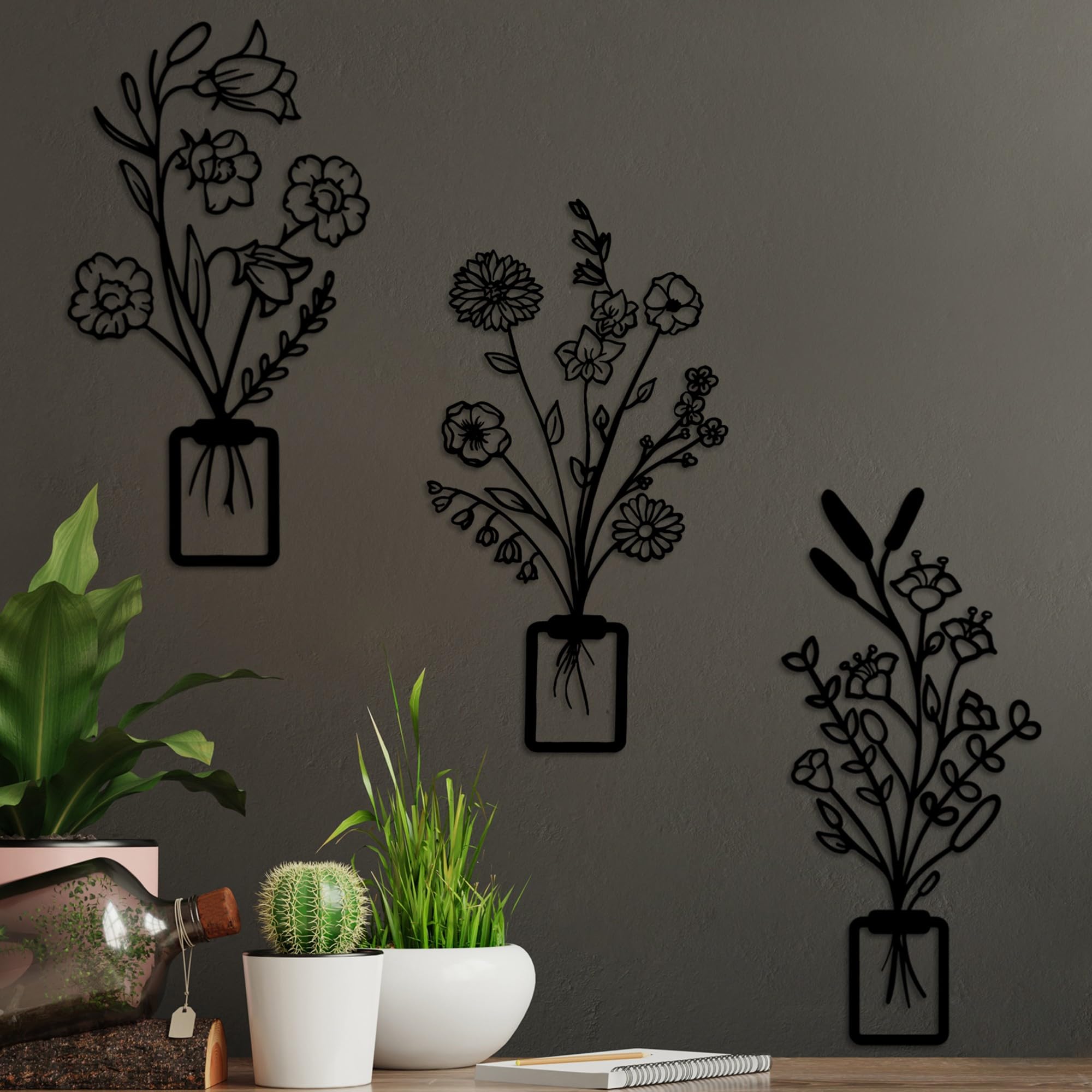 Hanah Home Stylish Black Decorative Metal Wall Accessory (3 Pieces), 23 x 48 cm, 100% Metal, 1.5 mm Thick, Easy Wall Mounting, Perfect for Modern Decor