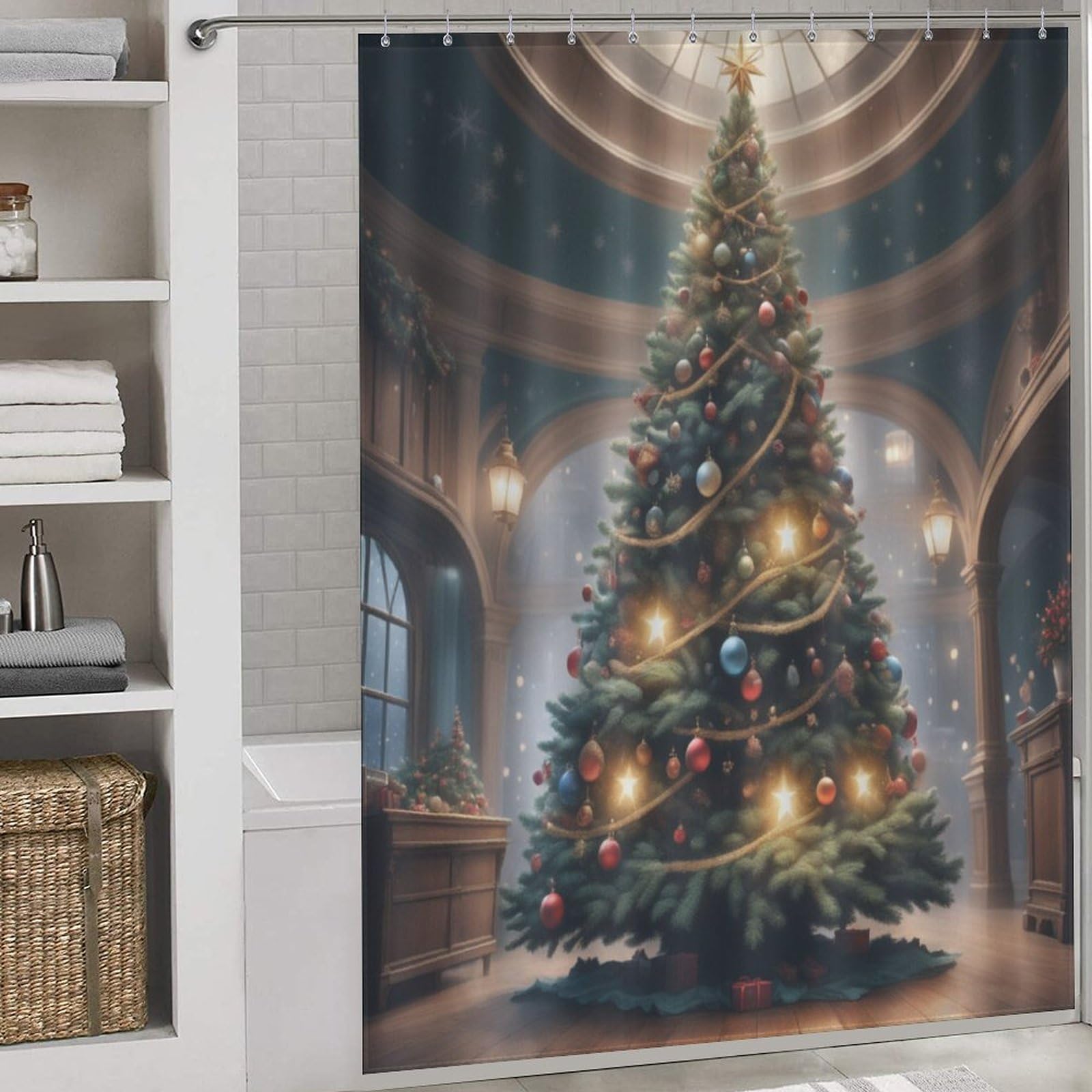 Sapin de Noël rideau de douche tissu lavable imperméable 168x183 pour salle de bain
