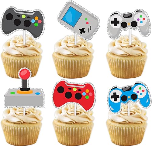Decoración colorida para cupcakes de postre con purpurina, 18 piezas, controlador de videojuegos, suministros de decoración para baby shower, niños