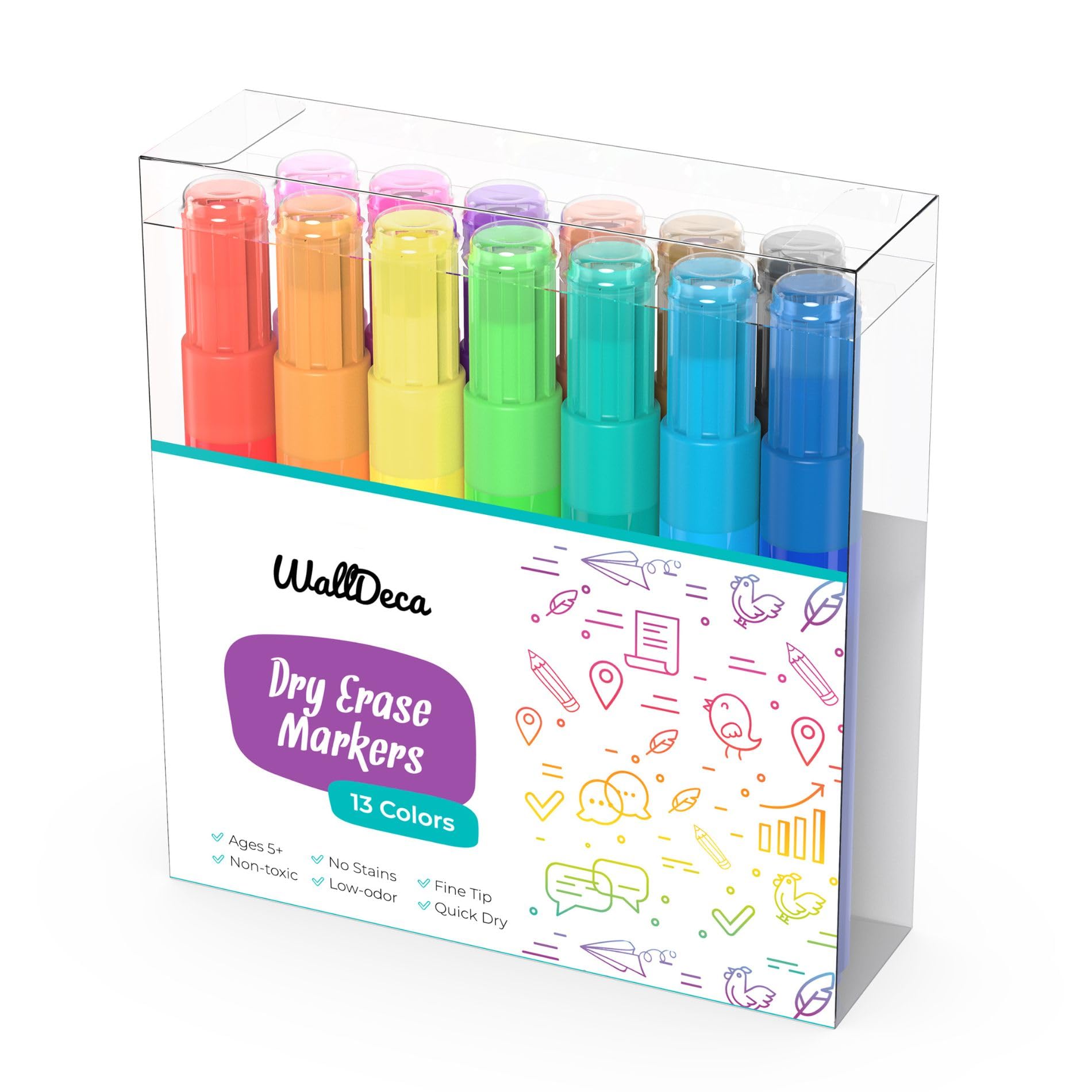 WallDeca Dry Erase Markers for Kids Non-toxic, 13 Pack, Washable, Colorful Pastel Colors, Fine Tip Skinny Pens, Thin Whiteboard Low Odor Markers for Toddlers, Vibrant and Quick Dry