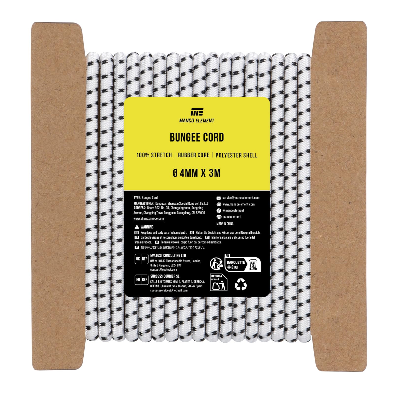 Manco Element Bungee Cord 4mm x 3m Elastic Cord Shock Cord - White/Black