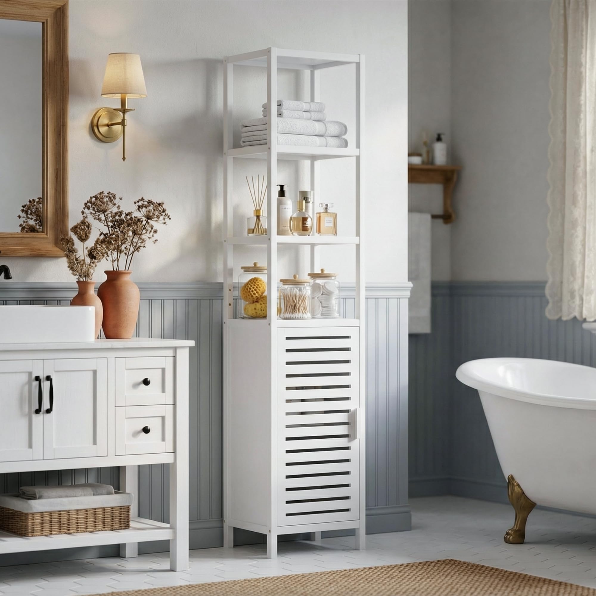 HITNET Mobile da Bagno Bianco, Armadio Colonna bagno in Bambù, Mobiletto da Bagno Salvaspazio con Ripiani Regolabili, per Piccoli Spazi
