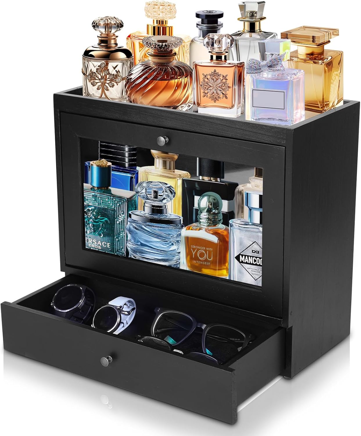 AZYM Cologne Organizer for Men,Large Capacity Wooden Perfume Display Shelf with Drawers, High-End Dustproof Storage Shelf for Cologne,Classic Black Cologne Stand,Ideal Gifts for Loved Ones.
