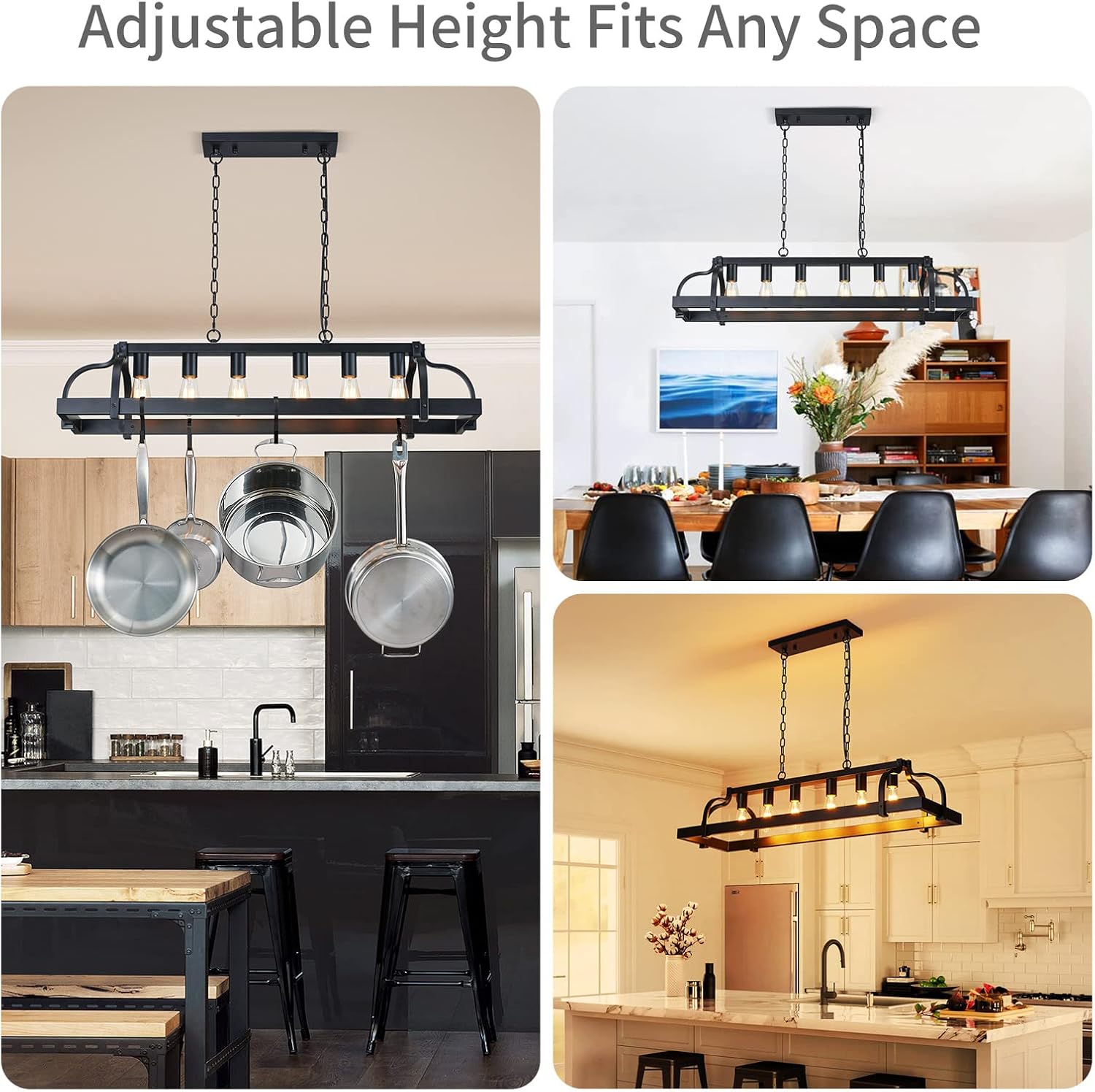 WUZUPS 6-Light Metal Pot Hanging Rack Chandelier Linear Pendant Ceiling Lighting Rustic Farmhouse Fixture Kitchen Island Dining Room, H 9.8" L 40.6" W11.8, E26 Base, Black