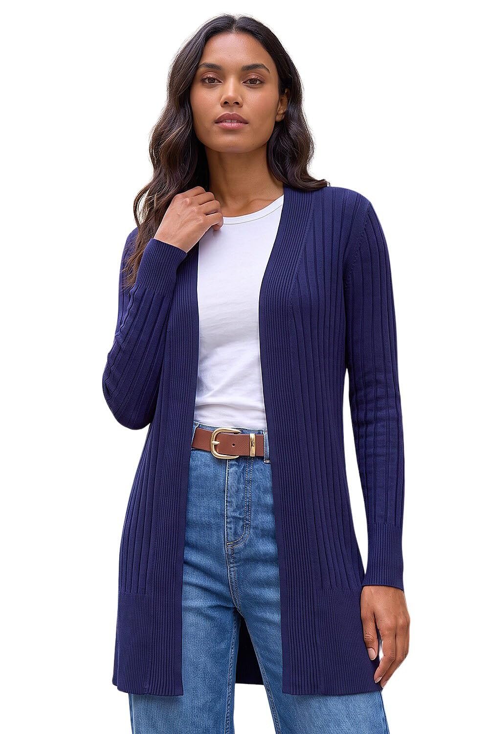 Roman Women's Midnight Longline Stretch Ribbed Cardigan In | Size: 14