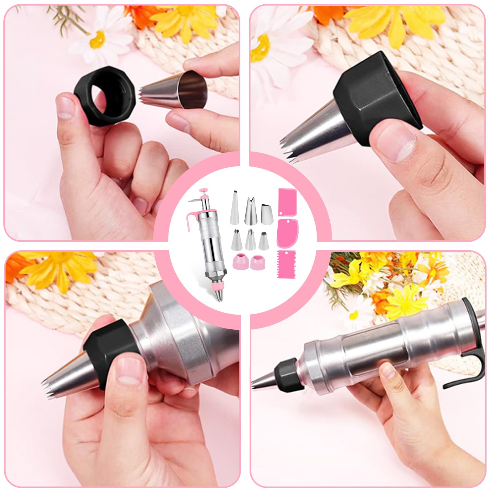 Seringue à gâteau en acier inoxydable avec 6 douilles, seringue à crème professionnelle, réutilisable, accessoire de pâtisserie pour décoration de gâteaux, beignets, cupcakes, pâtisseries (rose)