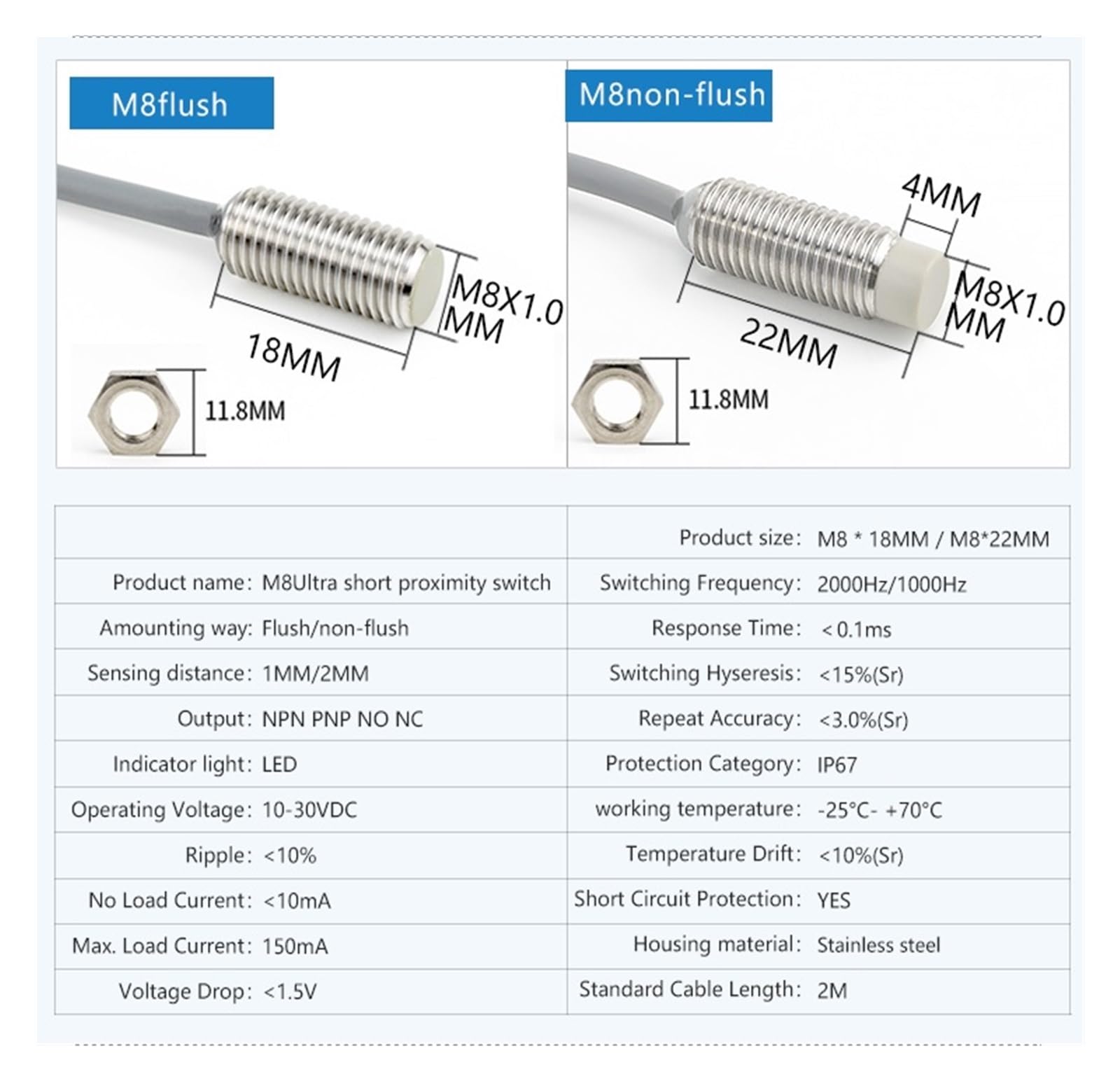 M8 Kleiner M12 NPN PNP Induktiver Sensor Induktiver Schalter M8 Induktiver Näherungssensor(D6.5 Flush PNP NO-Sn:2mm)