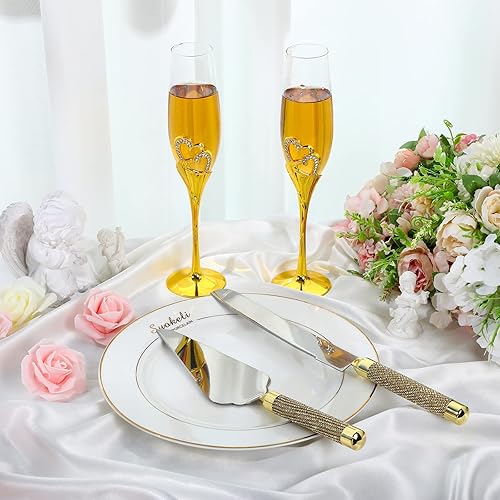 Miniatura 6 de Zhehao Juego de copas de champán y cuchillos para tartas de boda, copas de tostado, copas de champán con diamantes de imitación, decoración de