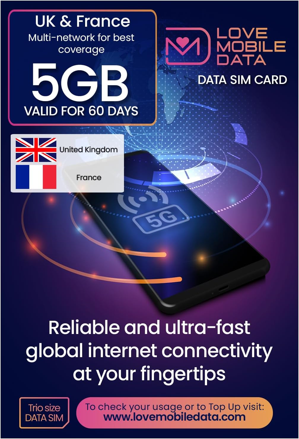 MOBILE DATA International Multi-Network Data SIM - UK & France 5GB - 60 DAYS