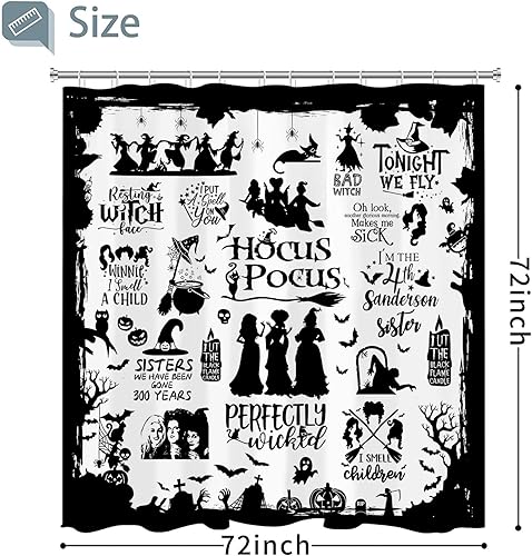 Miniatura 7 de Metawu Cortina de ducha de Halloween, juego de cortinas de ducha de bruja, murciélago y telaraña, cortina de baño impermeable para tinas de 72 x 72