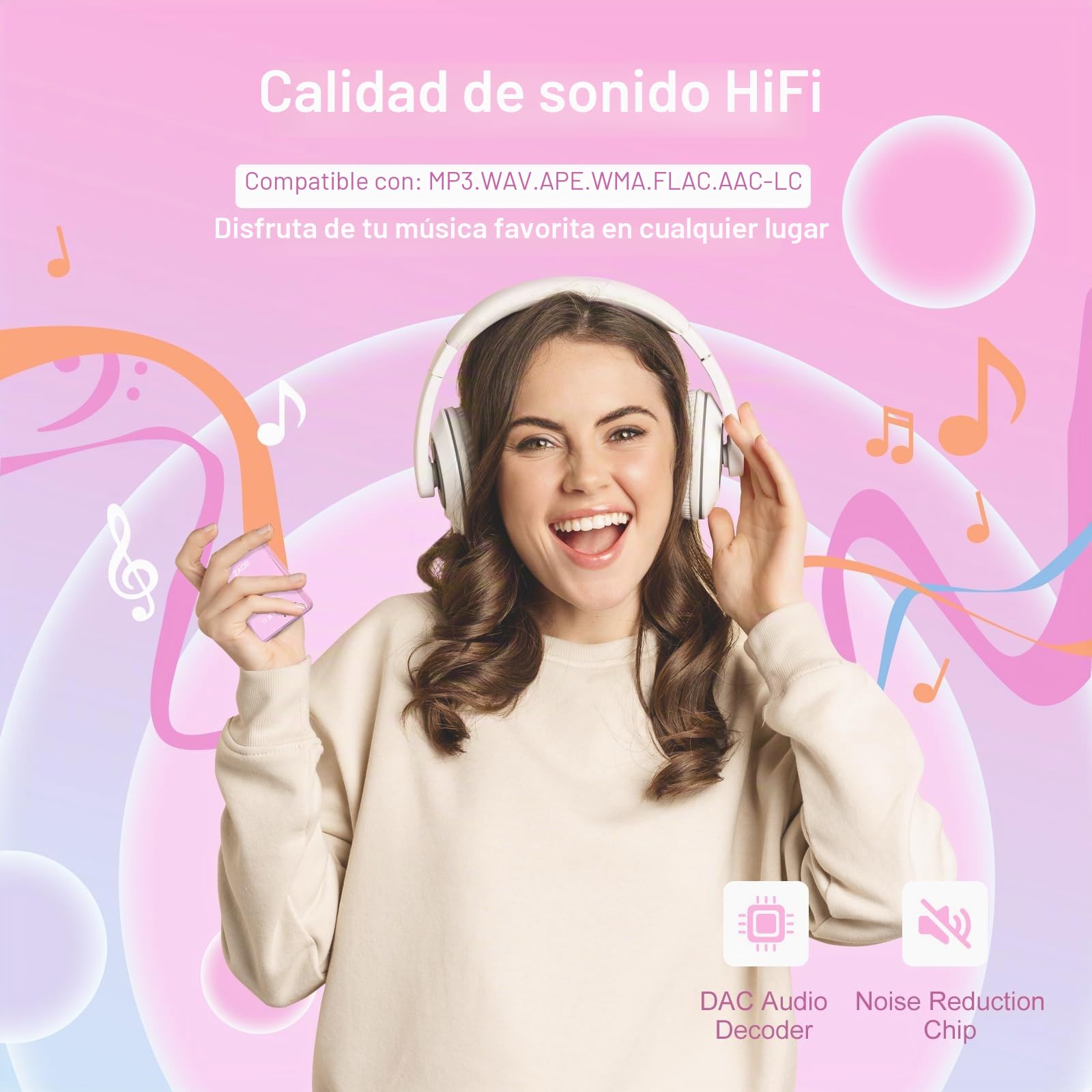 64 GB Reproductor MP3 Bluetooth 5.3, 2,4" Ecrã Tátil MP3 Reproductor Portátil com Altifalante Interior, Gravador De Voz, rádio FM, Suporte até 128GB (Rosa)
