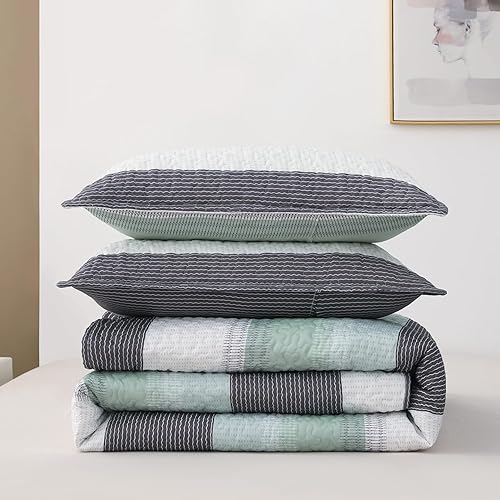 Miniatura 7 de DURLENGEN Juego de edredón a rayas tamaño Queen de 3 piezas, diseño bohemio con rayas blancas, verde menta, azul y gris, juego de colcha ligera para