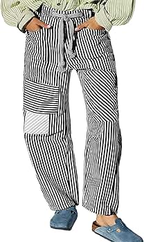 Women Striped Barrel Pants Drawstring Elastic Waist Patched