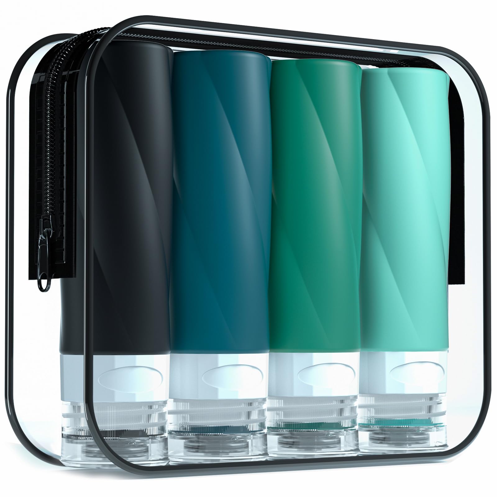 Travel Bottles - 3oz TSA Approved Containers, BPA Free, Leak Proof, Squeezable Silicone, Clear Toiletry Bag (4 Pack)