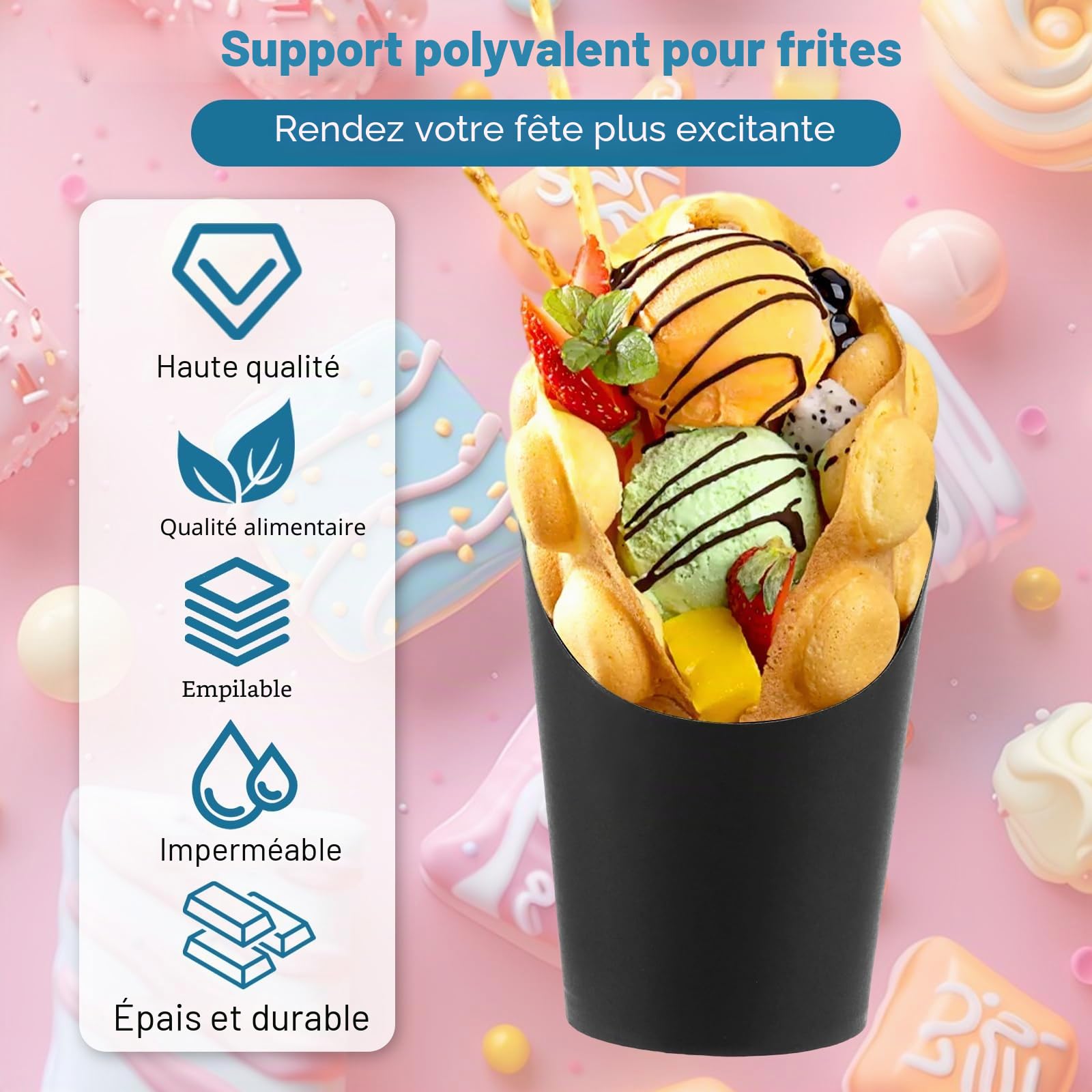 100 Barquettes Frites en Papier Kraft, 14oz Cornet Frite Noir pour Bubble Waffle et Cornet de Glace, Poches à Frites Épaisses Résistantes à l'Huile, 100 Pièces